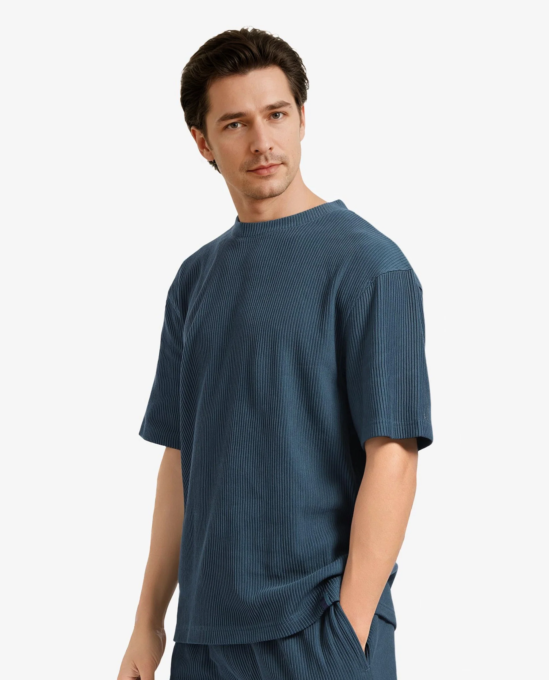 Rare Rabbit Men's Breet-1 Dark Green Cotton Blend Textured Oversized Fit Half Sleeve Crew Neck T-Shirt - Image 5