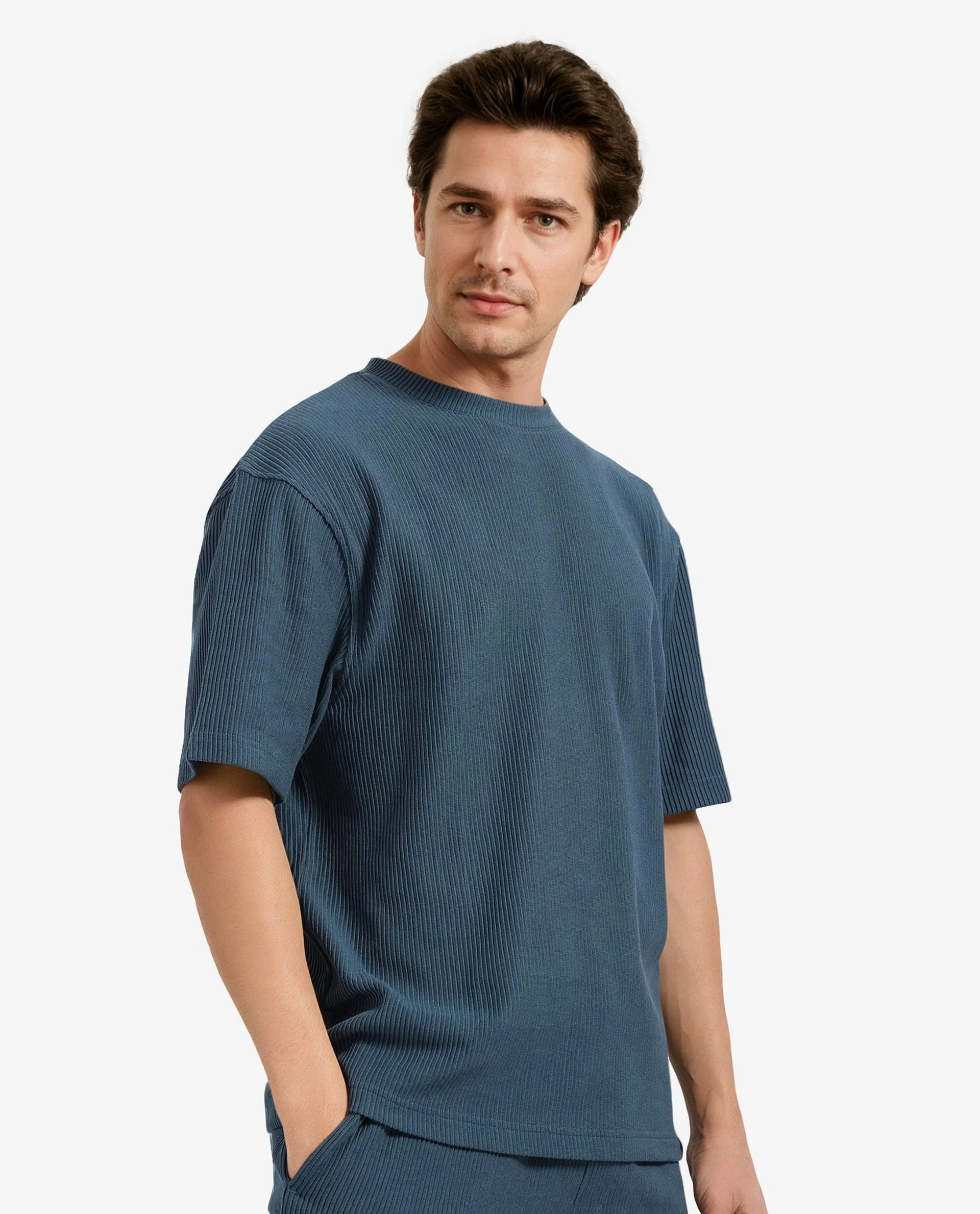 Rare Rabbit Men's Breet-1 Dark Green Cotton Blend Textured Oversized Fit Half Sleeve Crew Neck T-Shirt - Image 6