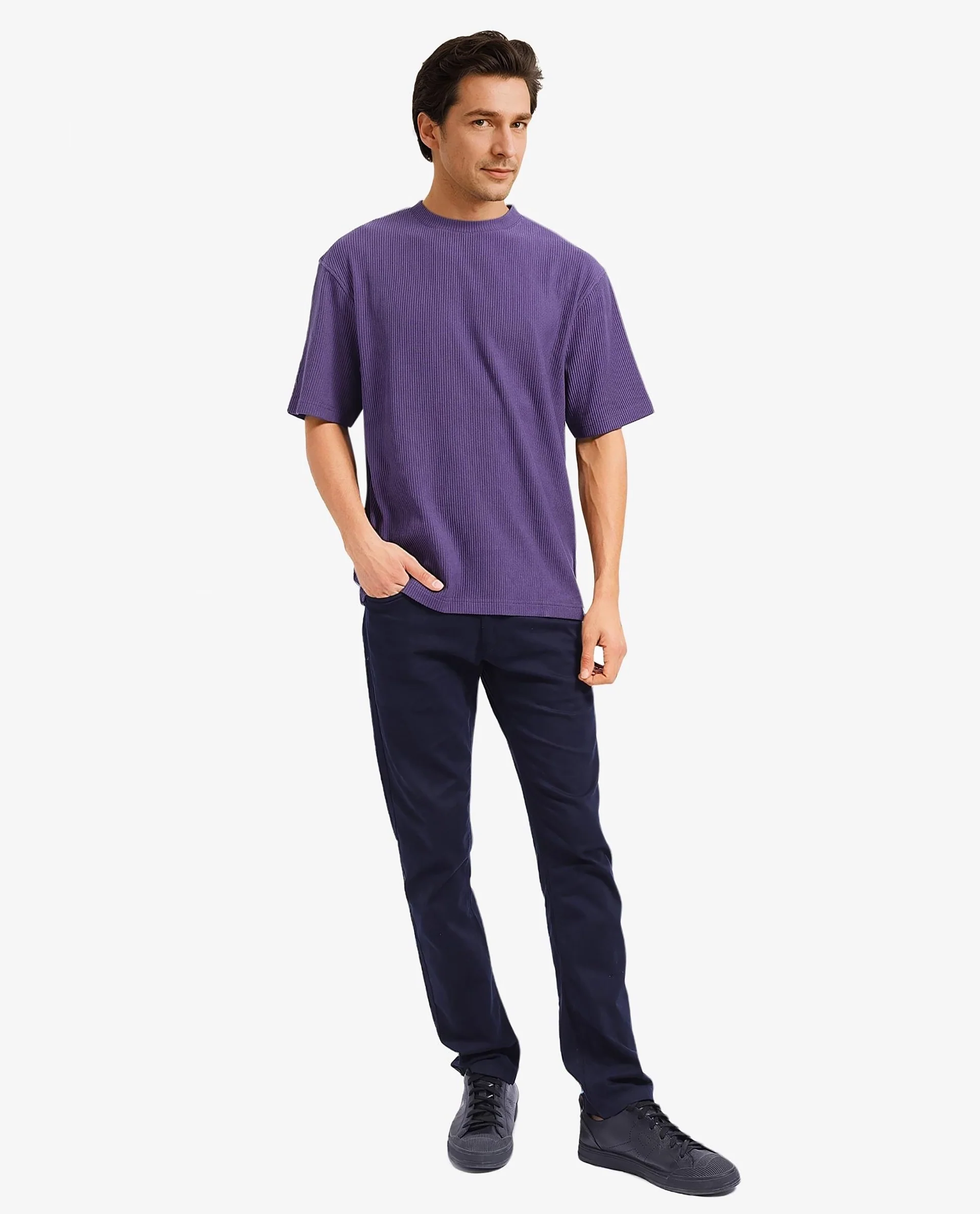 Rare Rabbit Men's Breet-1 Dark Purple Cotton Blend Textured Oversized Fit Half Sleeve Crew Neck T-Shirt - Image 2