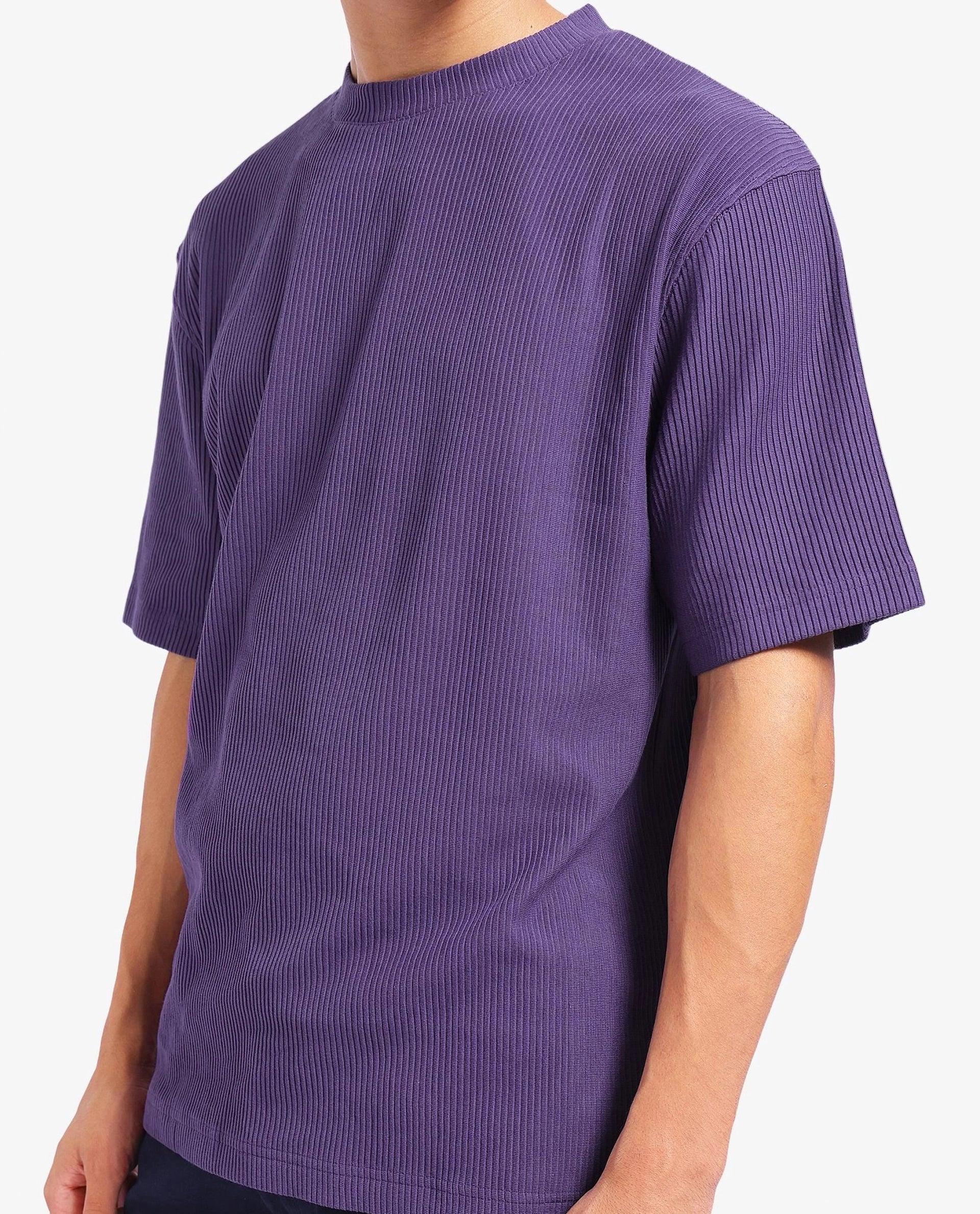 Rare Rabbit Men's Breet-1 Dark Purple Cotton Blend Textured Oversized Fit Half Sleeve Crew Neck T-Shirt - Image 3