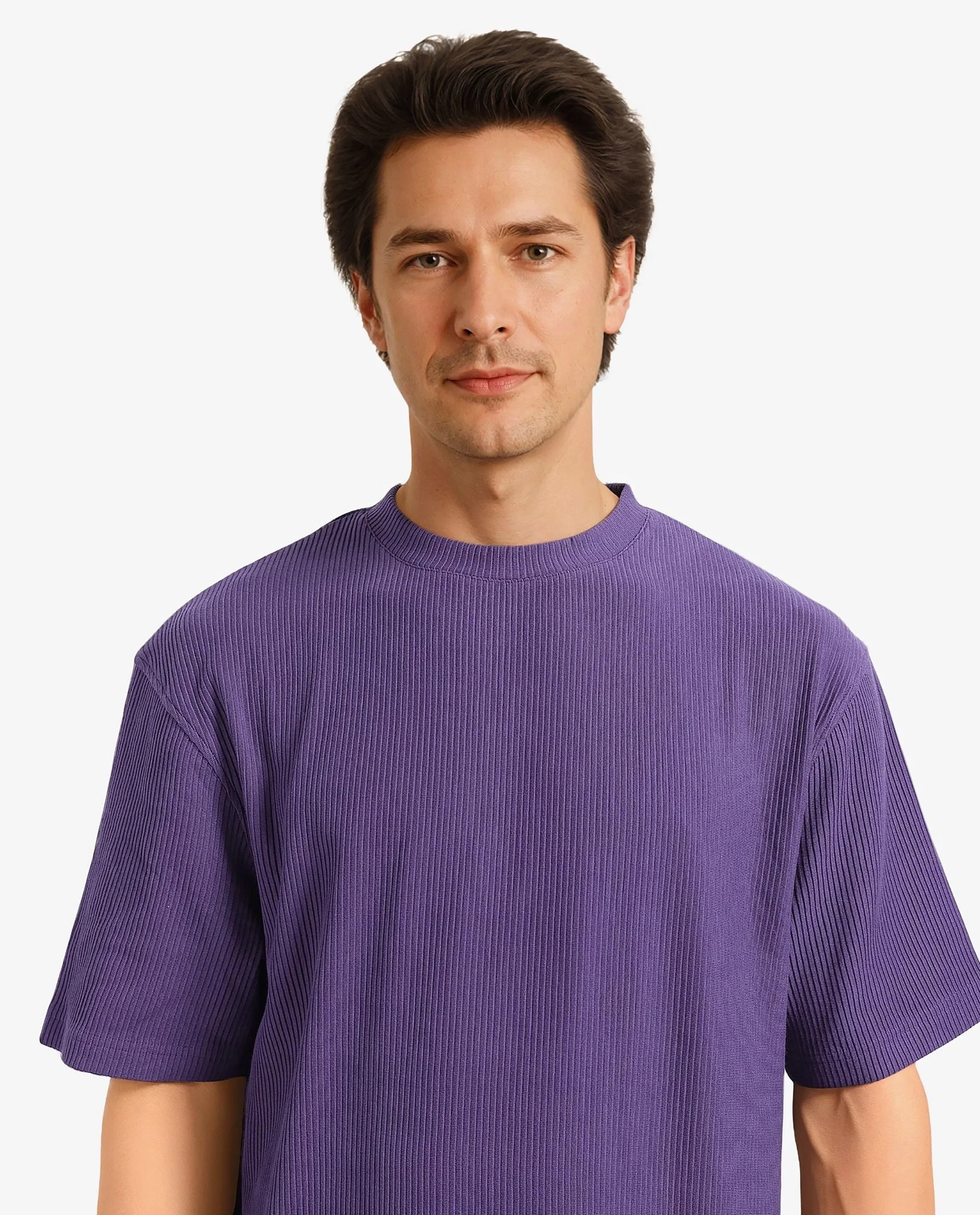 Rare Rabbit Men's Breet-1 Dark Purple Cotton Blend Textured Oversized Fit Half Sleeve Crew Neck T-Shirt - Image 4