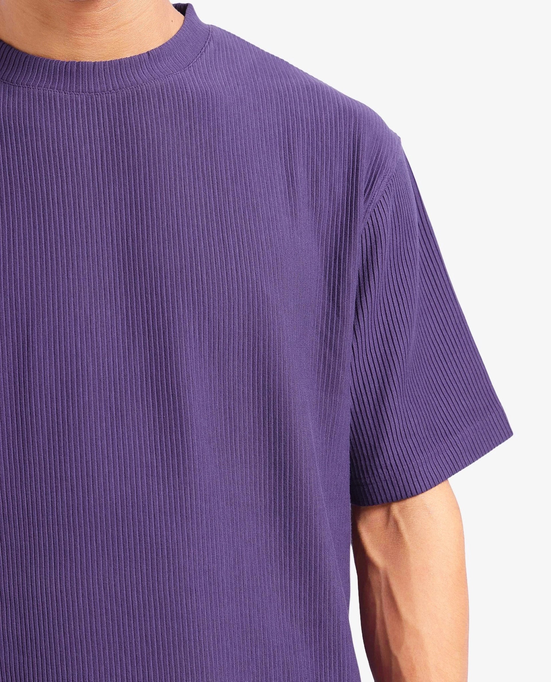 Rare Rabbit Men's Breet-1 Dark Purple Cotton Blend Textured Oversized Fit Half Sleeve Crew Neck T-Shirt - Image 5