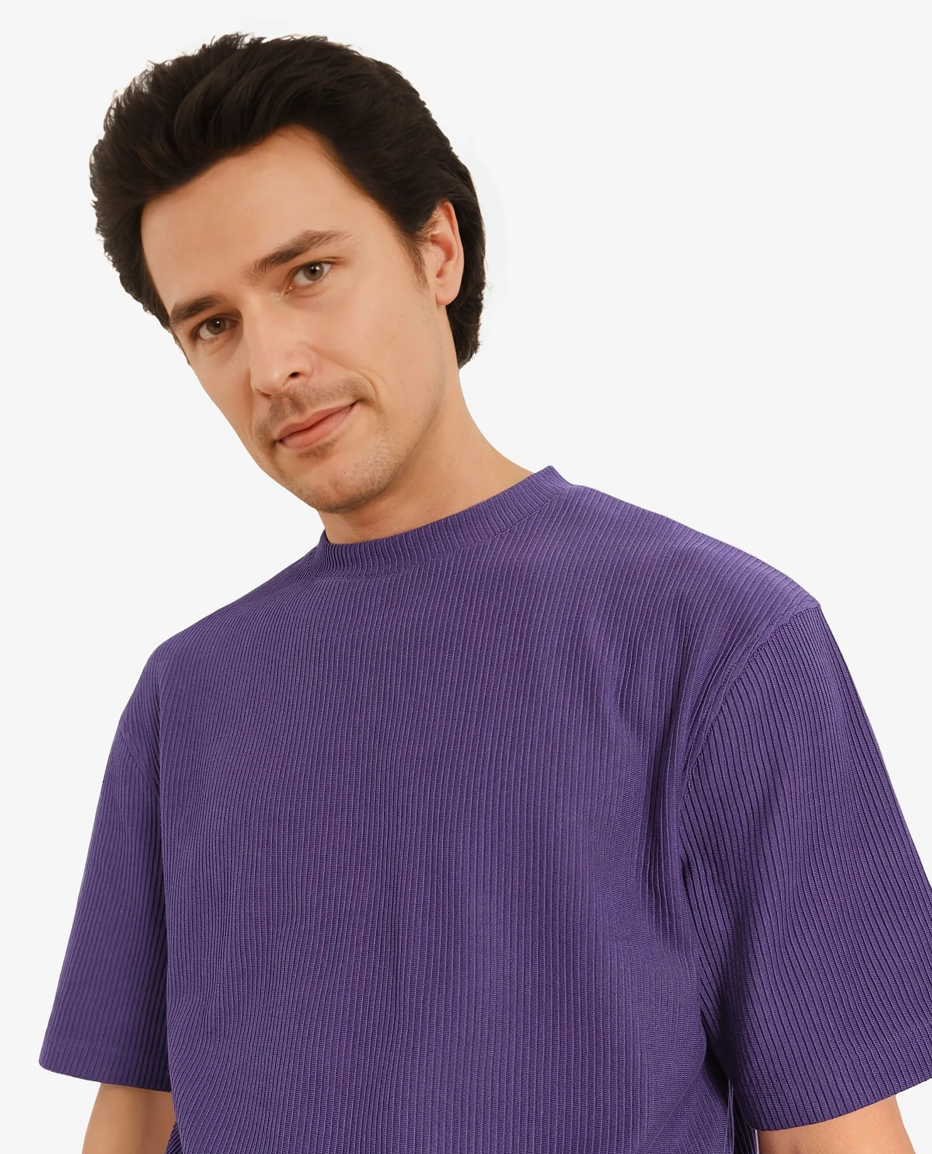 Rare Rabbit Men's Breet-1 Dark Purple Cotton Blend Textured Oversized Fit Half Sleeve Crew Neck T-Shirt - Image 6