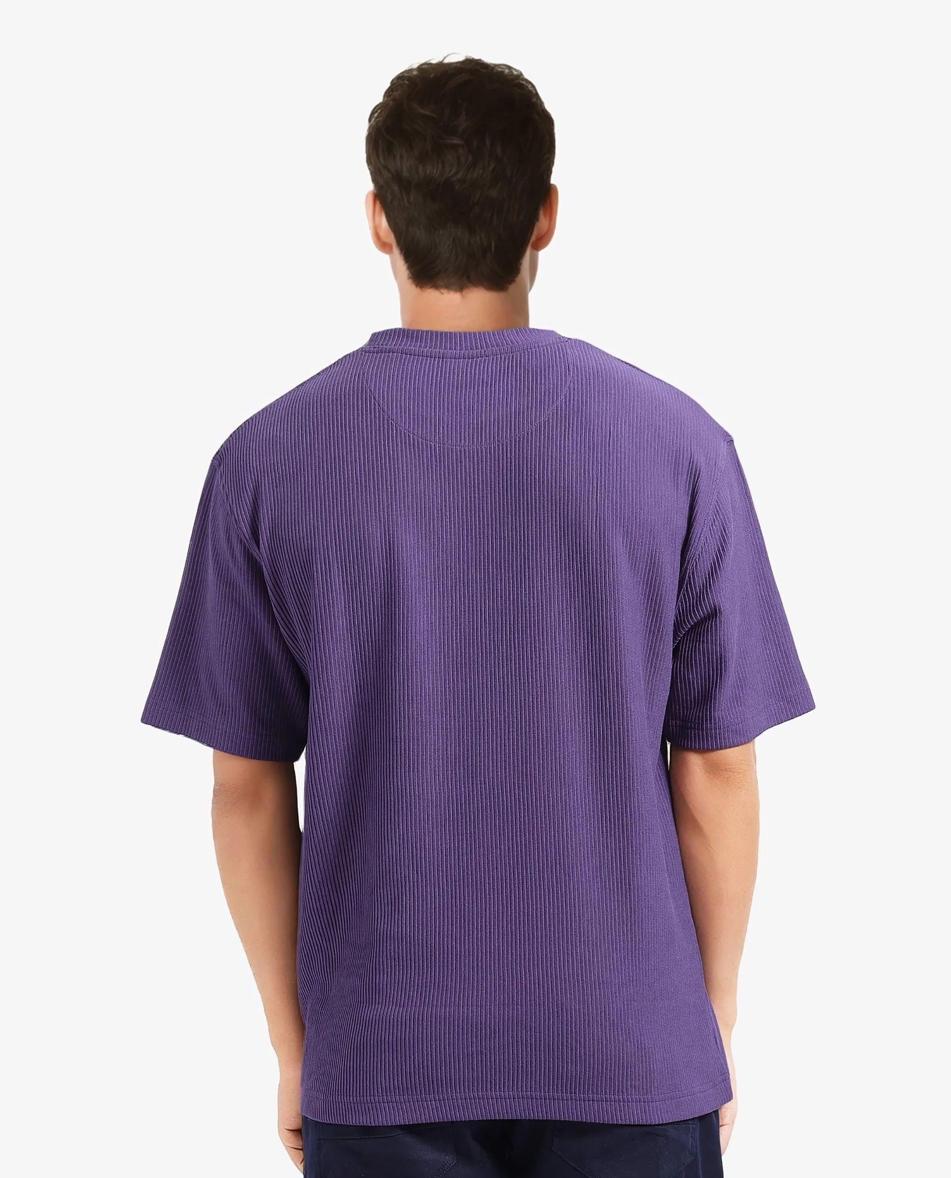 Rare Rabbit Men's Breet-1 Dark Purple Cotton Blend Textured Oversized Fit Half Sleeve Crew Neck T-Shirt - Image 7