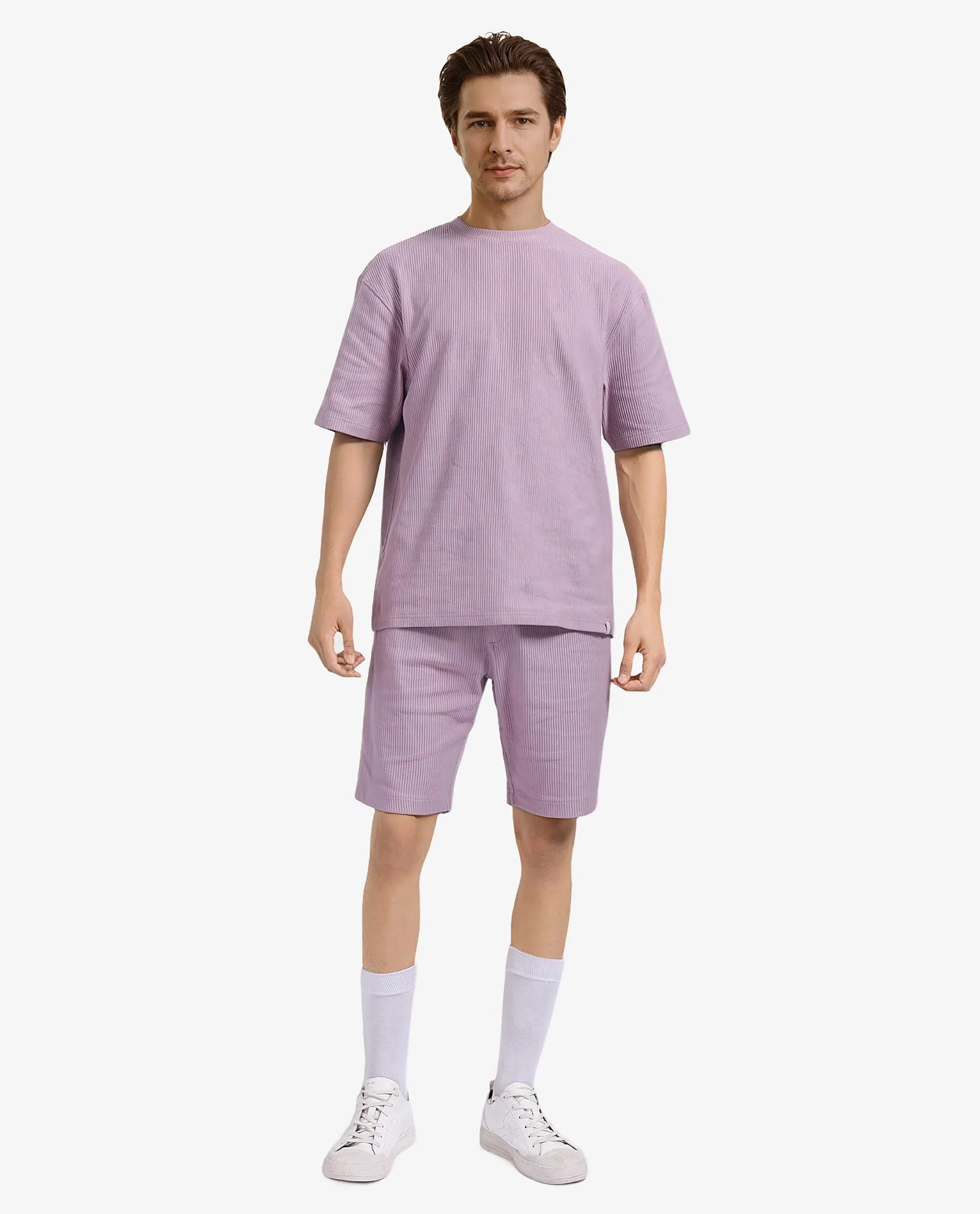 Rare Rabbit Men's Breet-1 Dusky Pink Cotton Blend Textured Oversized Fit Half Sleeve Crew Neck T-Shirt - Image 2