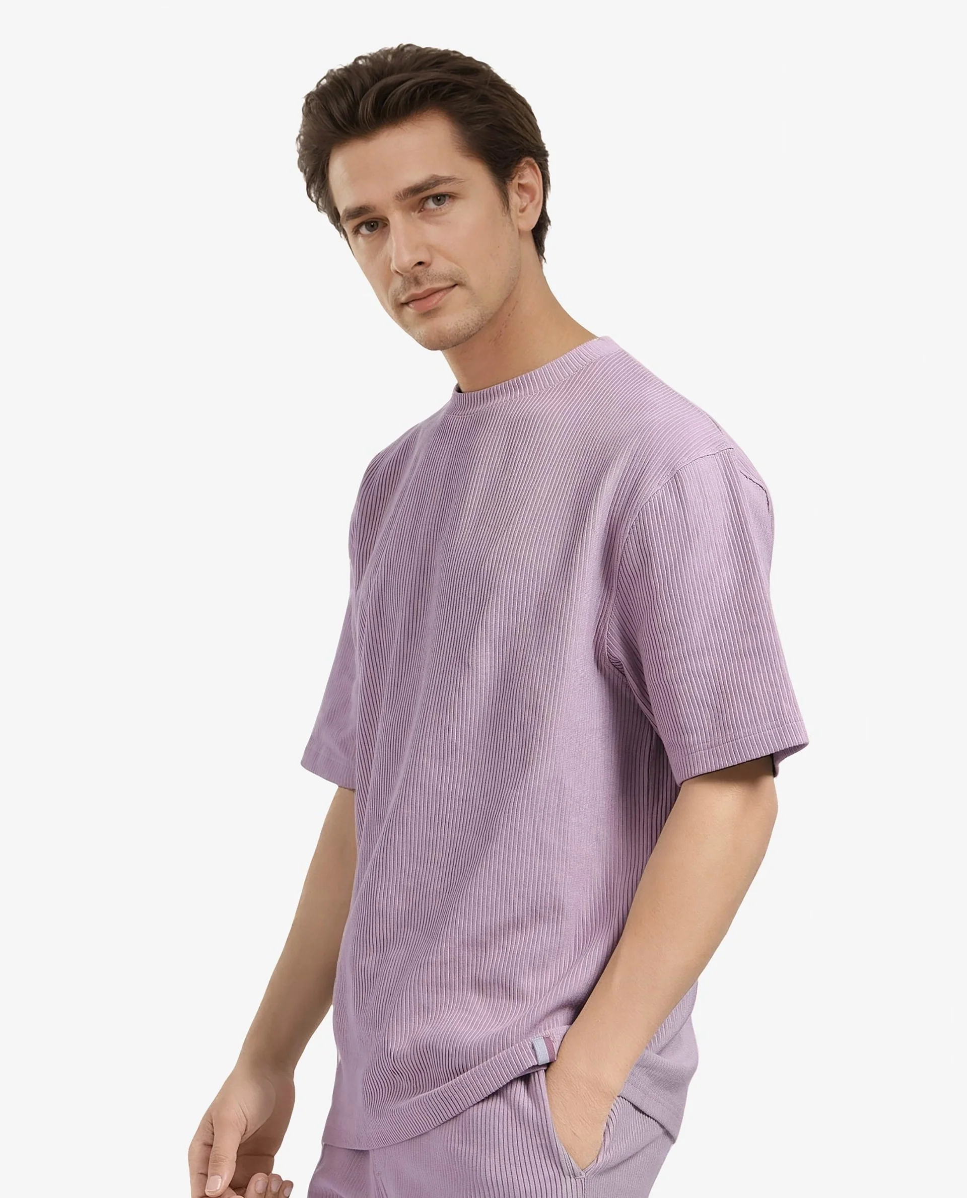 Rare Rabbit Men's Breet-1 Dusky Pink Cotton Blend Textured Oversized Fit Half Sleeve Crew Neck T-Shirt - Image 5