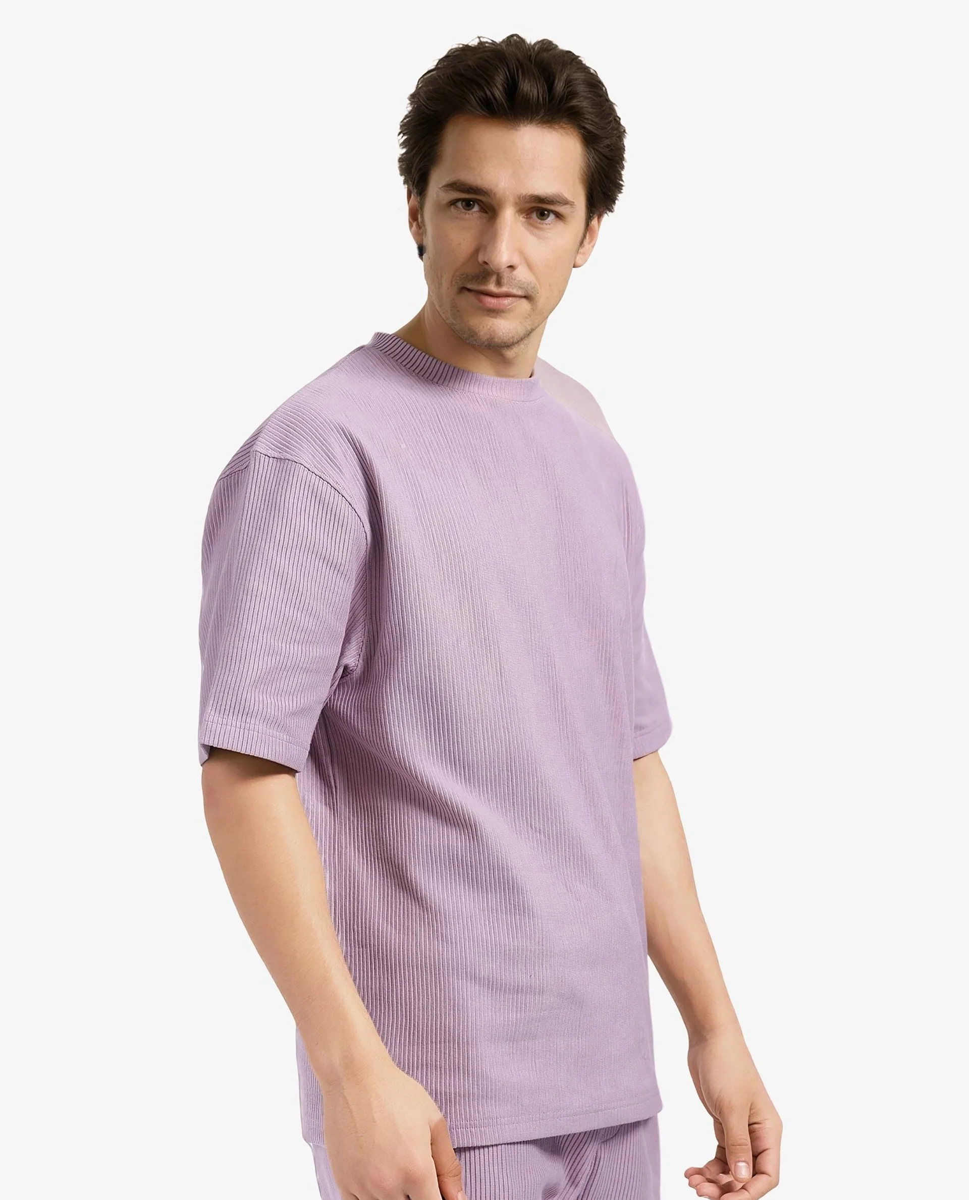 Rare Rabbit Men's Breet-1 Dusky Pink Cotton Blend Textured Oversized Fit Half Sleeve Crew Neck T-Shirt - Image 6