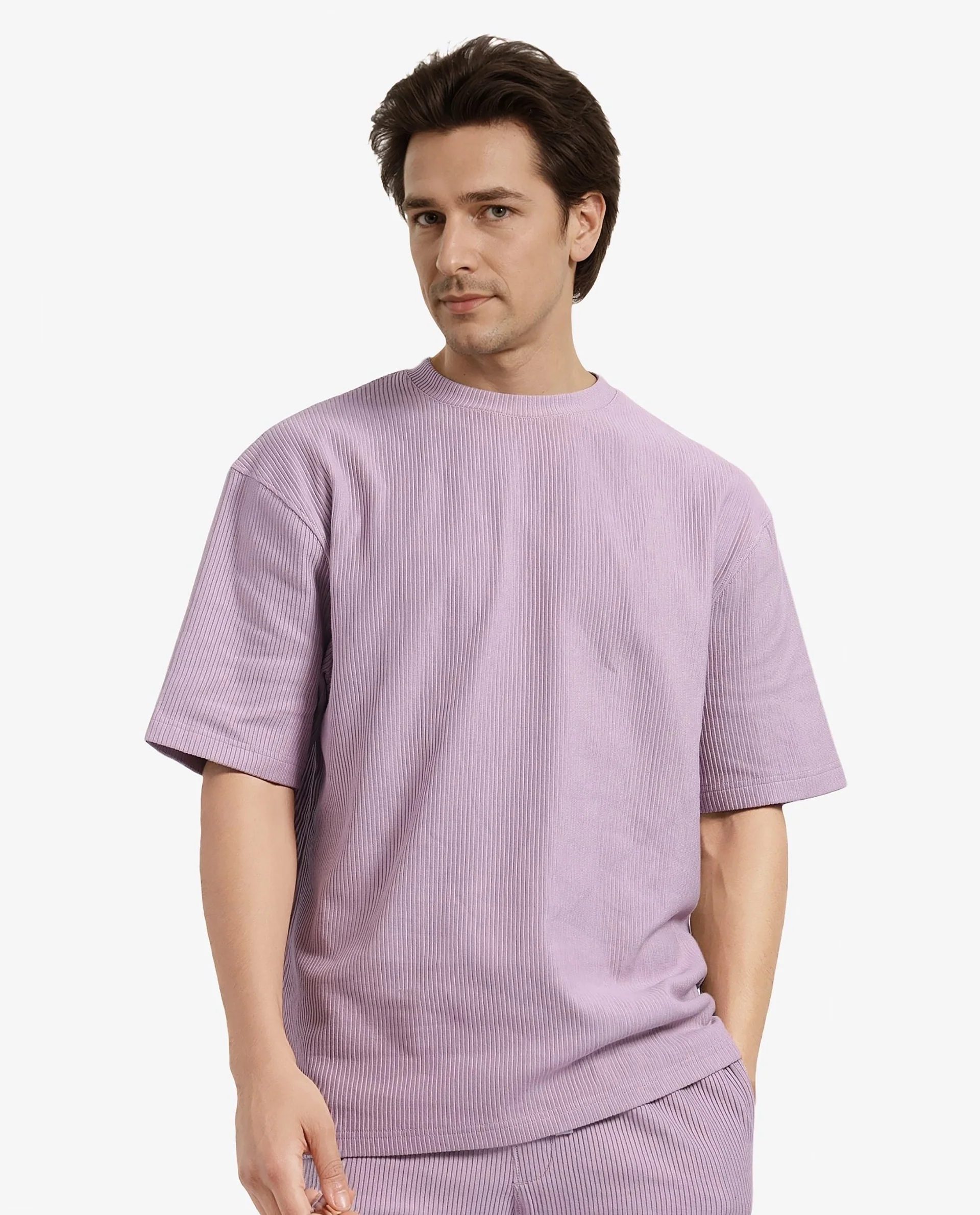 Rare Rabbit Men's Breet-1 Dusky Pink Cotton Blend Textured Oversized Fit Half Sleeve Crew Neck T-Shirt - Image 9