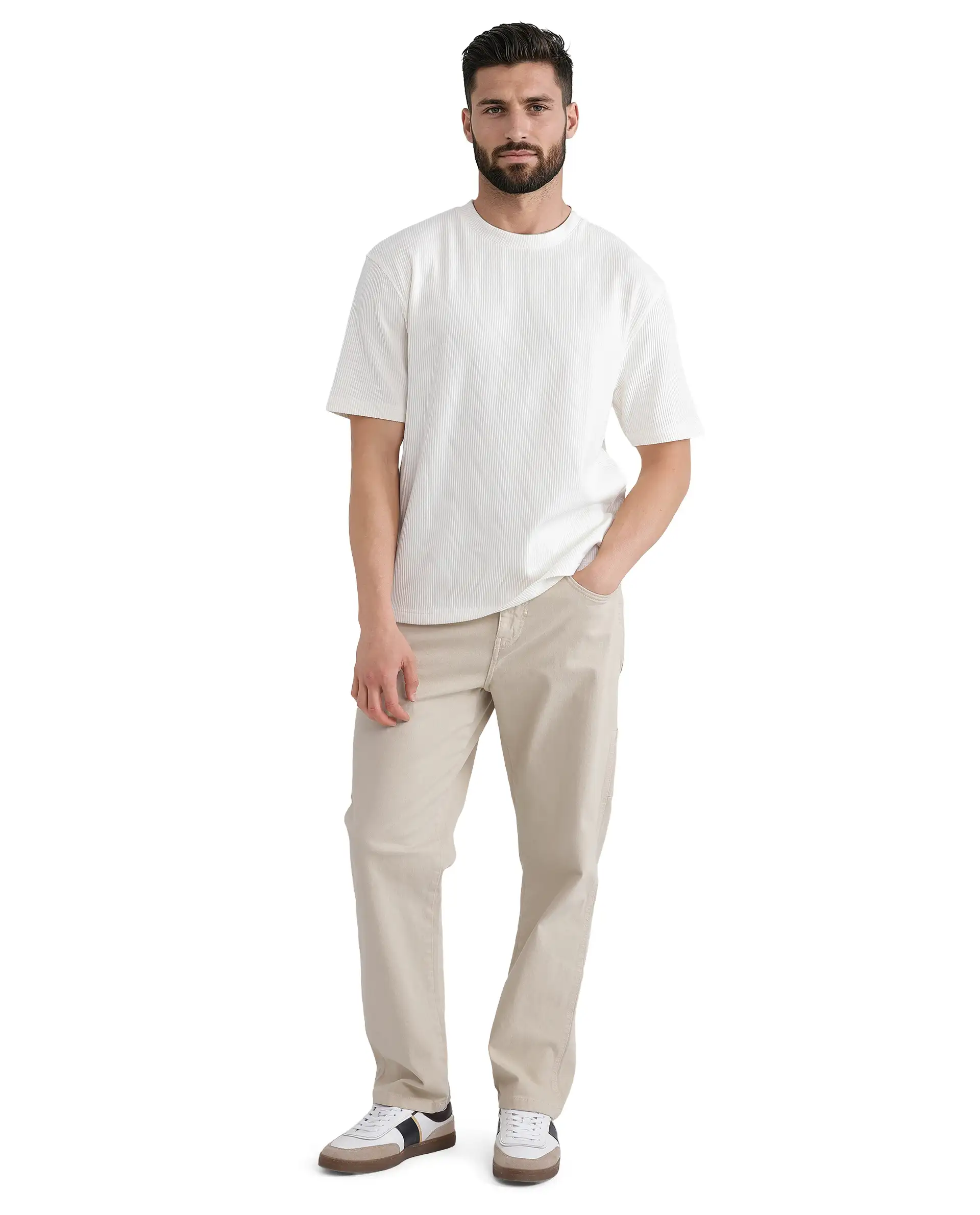 Rare Rabbit Men's Breet-1 White Cotton Blend Textured Oversized Fit Half Sleeve Crew Neck T-Shirt - Image 2