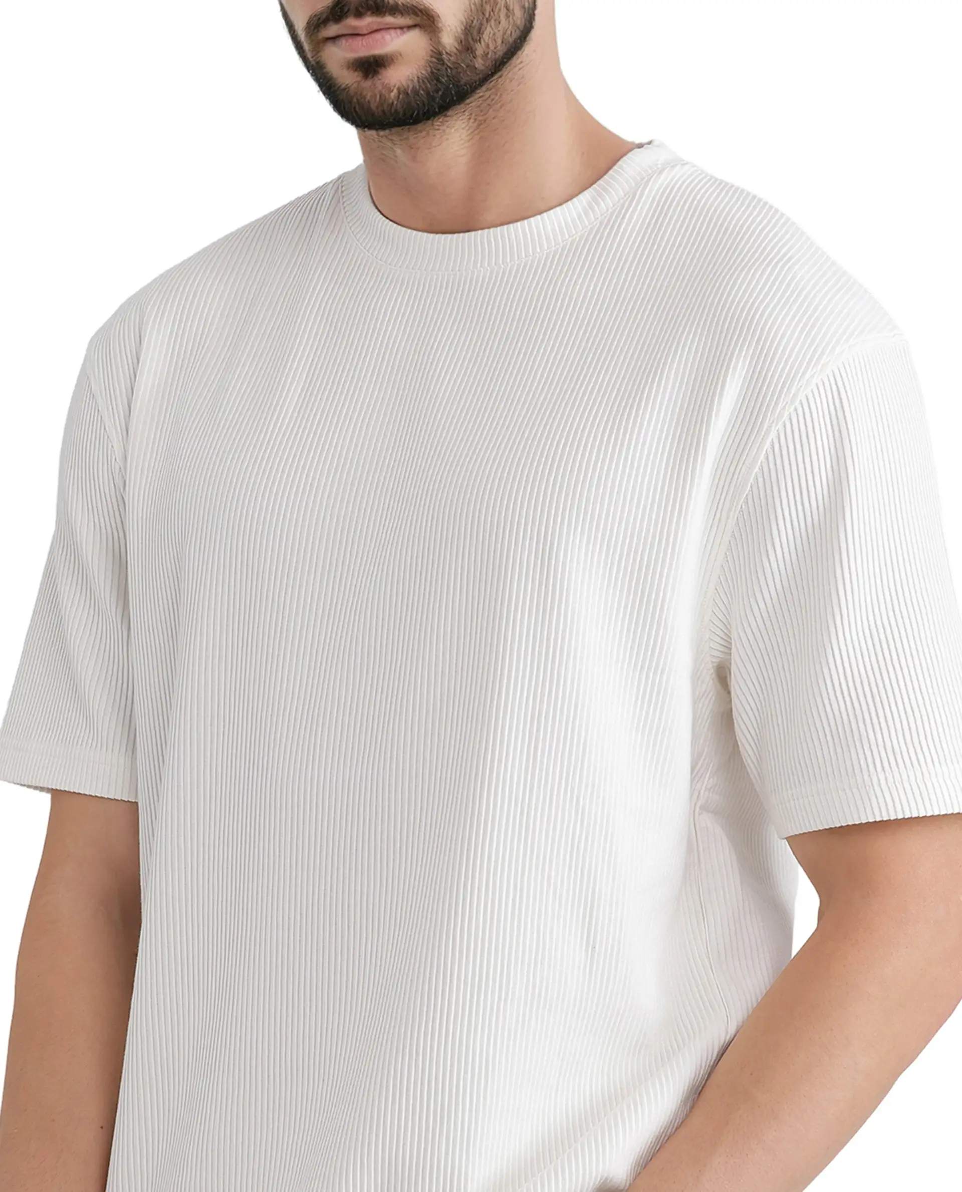 Rare Rabbit Men's Breet-1 White Cotton Blend Textured Oversized Fit Half Sleeve Crew Neck T-Shirt - Image 3