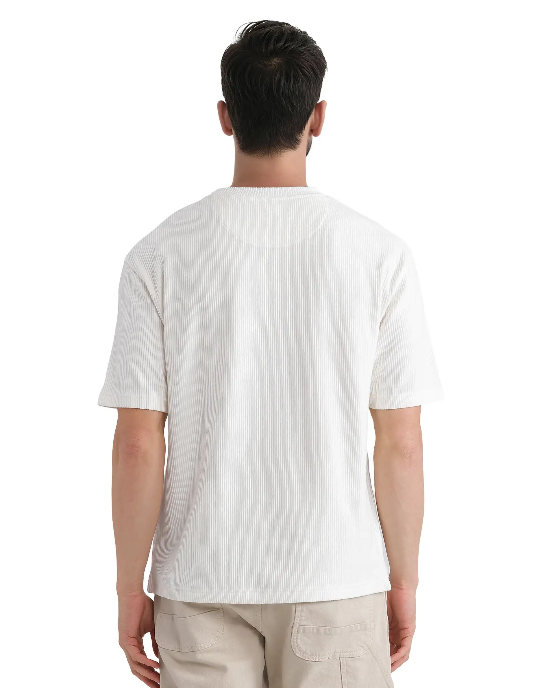 Rare Rabbit Men's Breet-1 White Cotton Blend Textured Oversized Fit Half Sleeve Crew Neck T-Shirt - Image 4