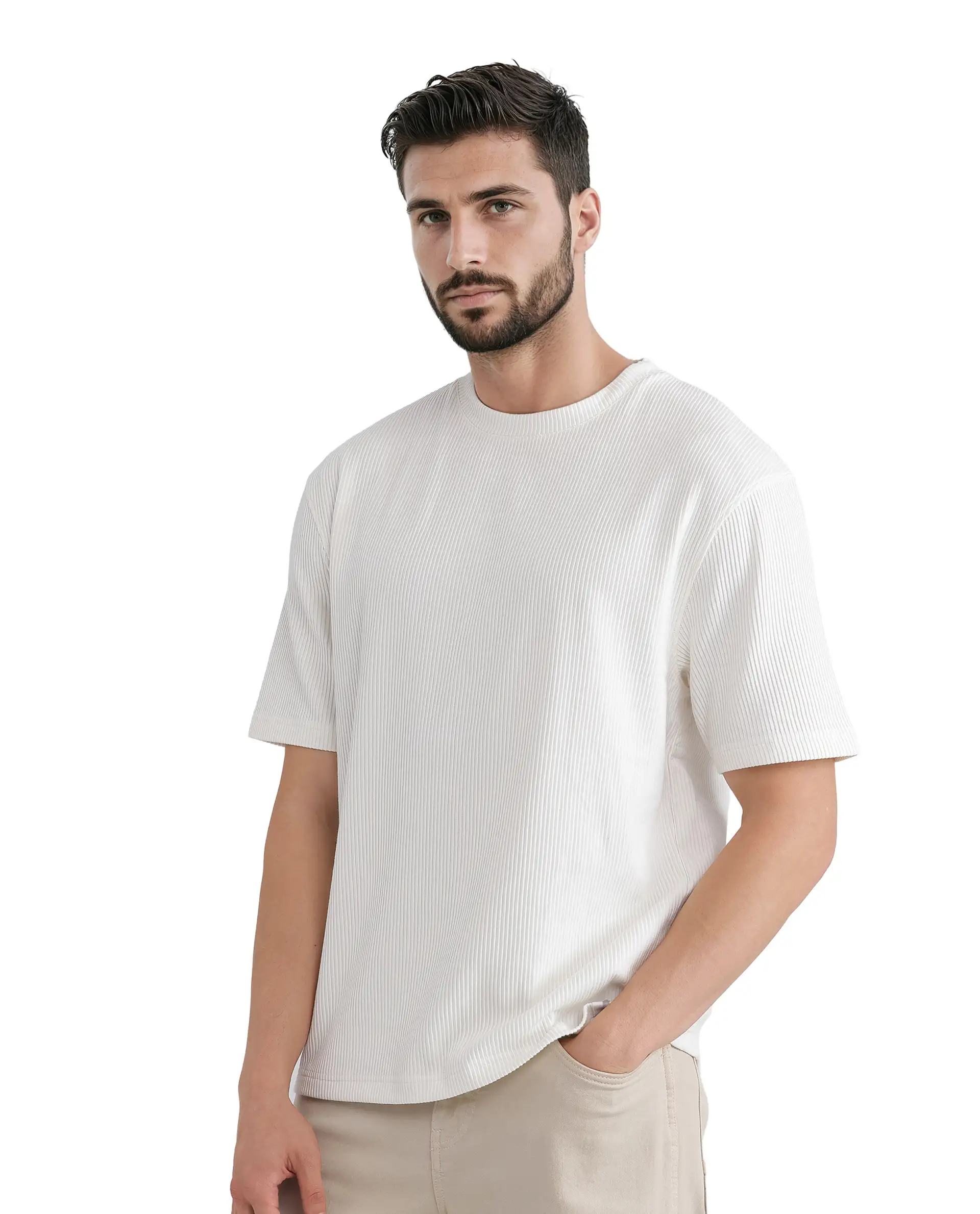 Rare Rabbit Men's Breet-1 White Cotton Blend Textured Oversized Fit Half Sleeve Crew Neck T-Shirt - Image 5
