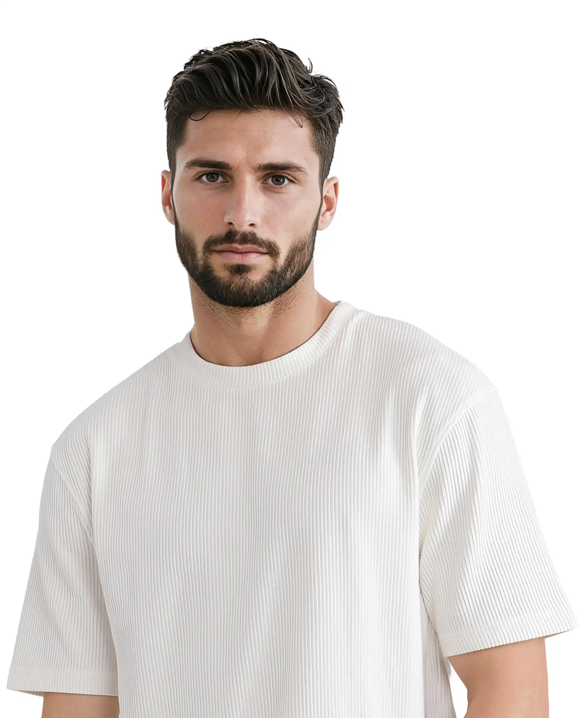 Rare Rabbit Men's Breet-1 White Cotton Blend Textured Oversized Fit Half Sleeve Crew Neck T-Shirt - Image 6