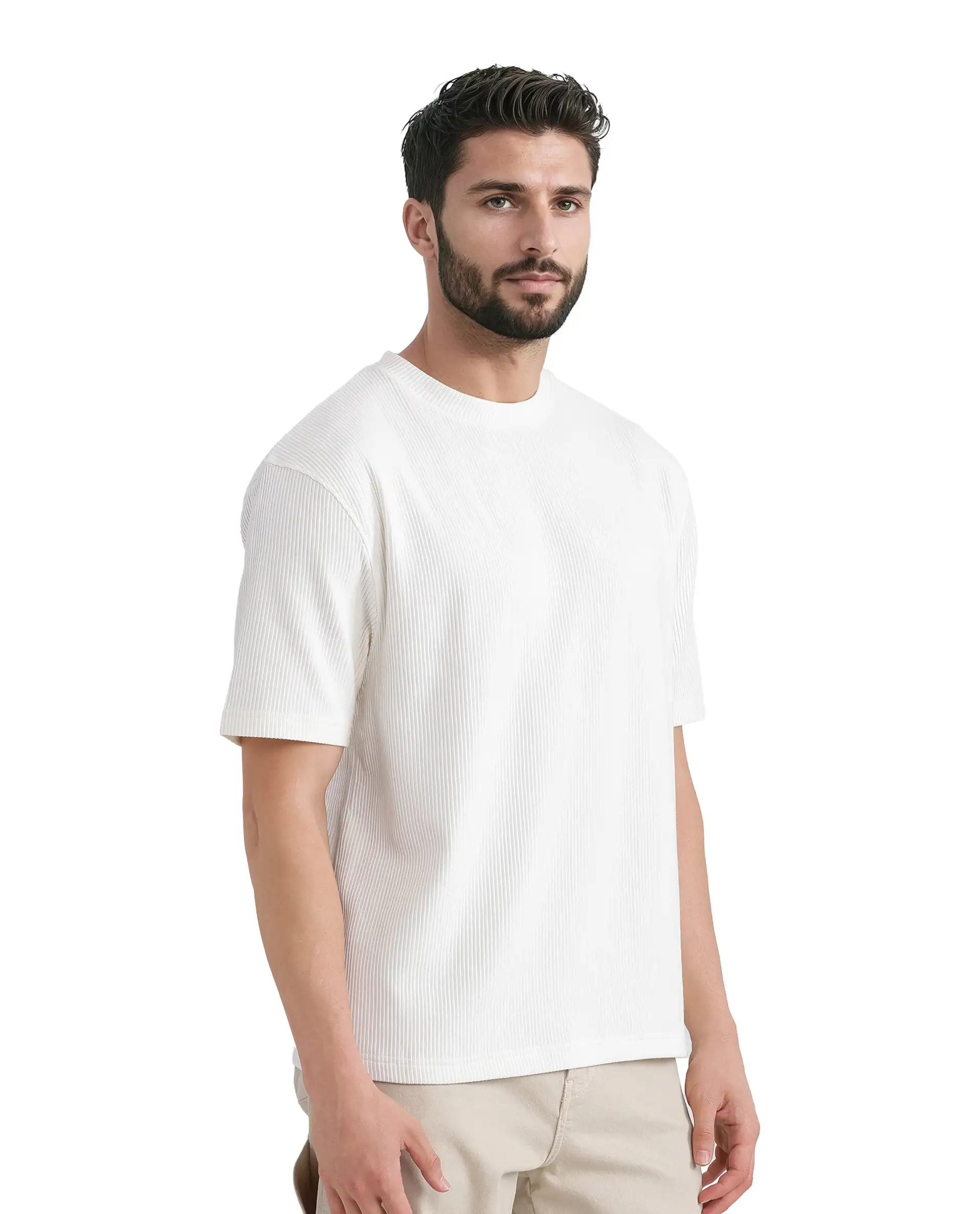 Rare Rabbit Men's Breet-1 White Cotton Blend Textured Oversized Fit Half Sleeve Crew Neck T-Shirt - Image 7