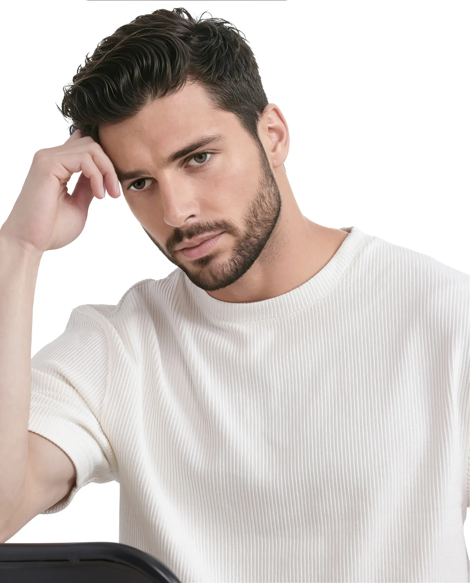 Rare Rabbit Men's Breet-1 White Cotton Blend Textured Oversized Fit Half Sleeve Crew Neck T-Shirt - Image 8