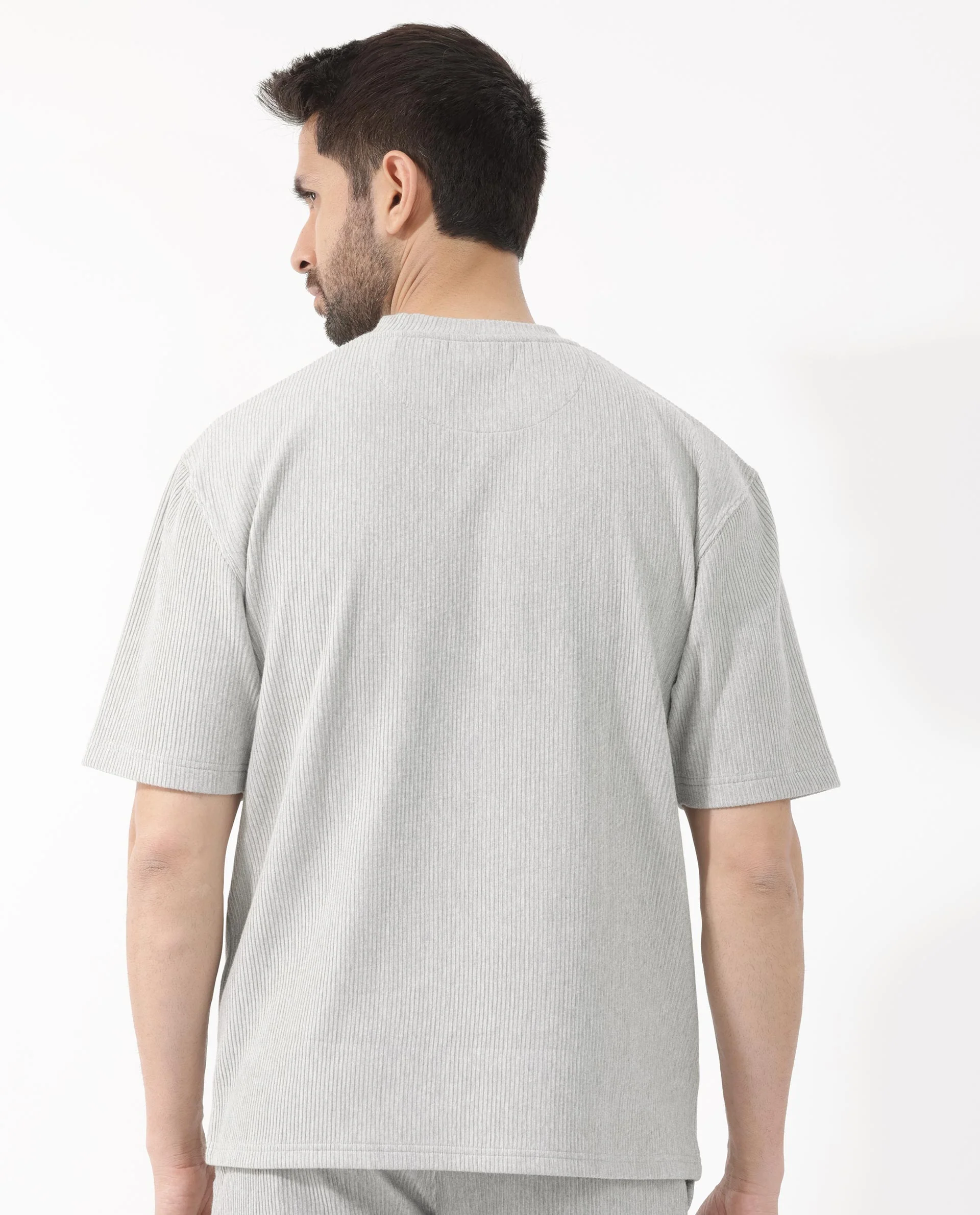 Rare Rabbit Men's Breet Melange Grey Cotton Textured Oversized Fit Half Sleeve Crew Neck T-Shirt - Image 10