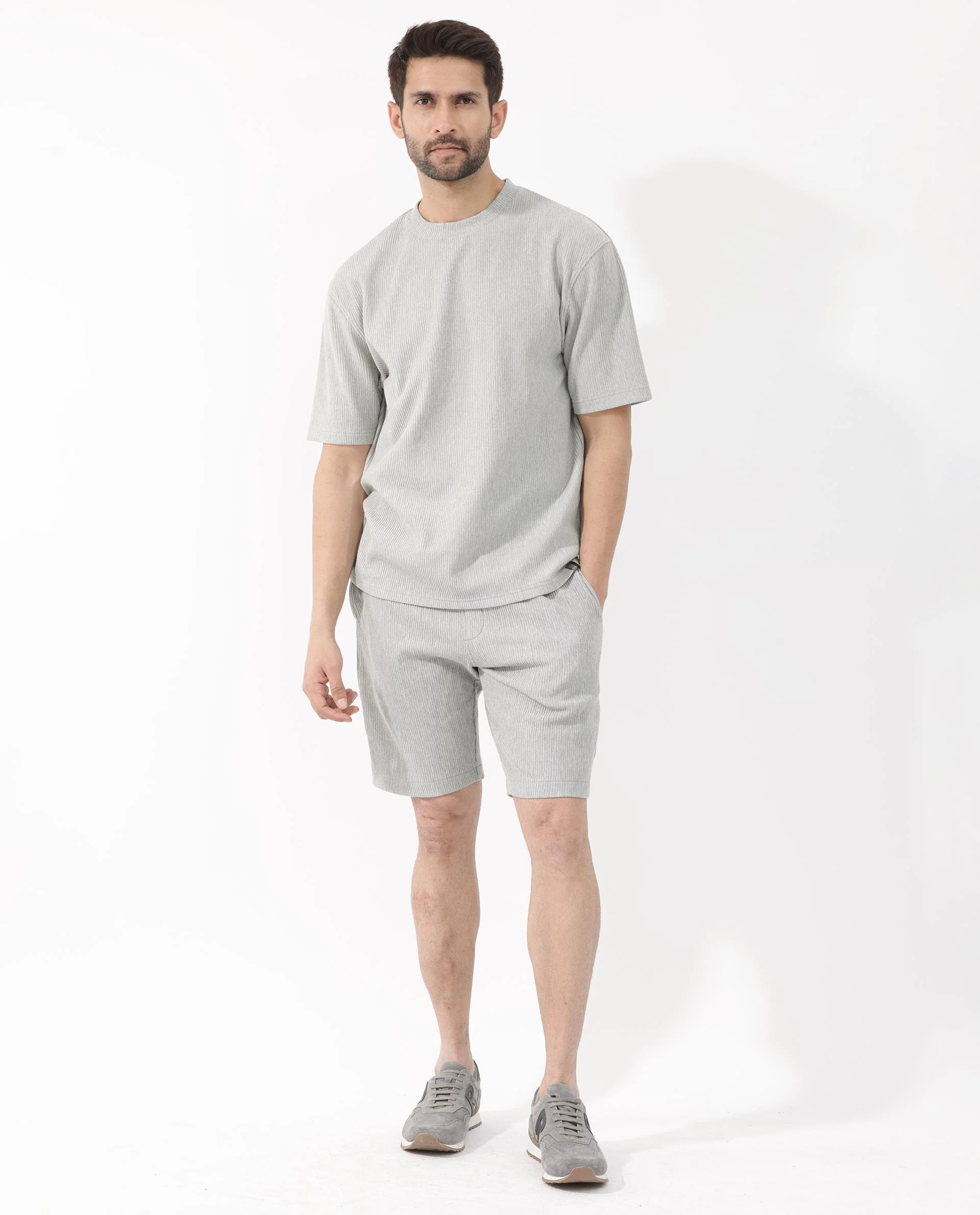 Rare Rabbit Men's Breet Melange Grey Cotton Textured Oversized Fit Half Sleeve Crew Neck T-Shirt - Image 2