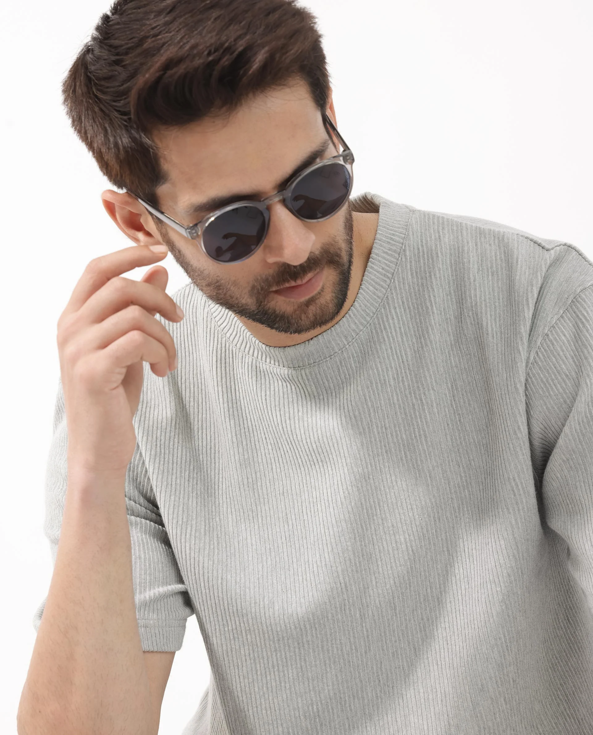 Rare Rabbit Men's Breet Melange Grey Cotton Textured Oversized Fit Half Sleeve Crew Neck T-Shirt - Image 3