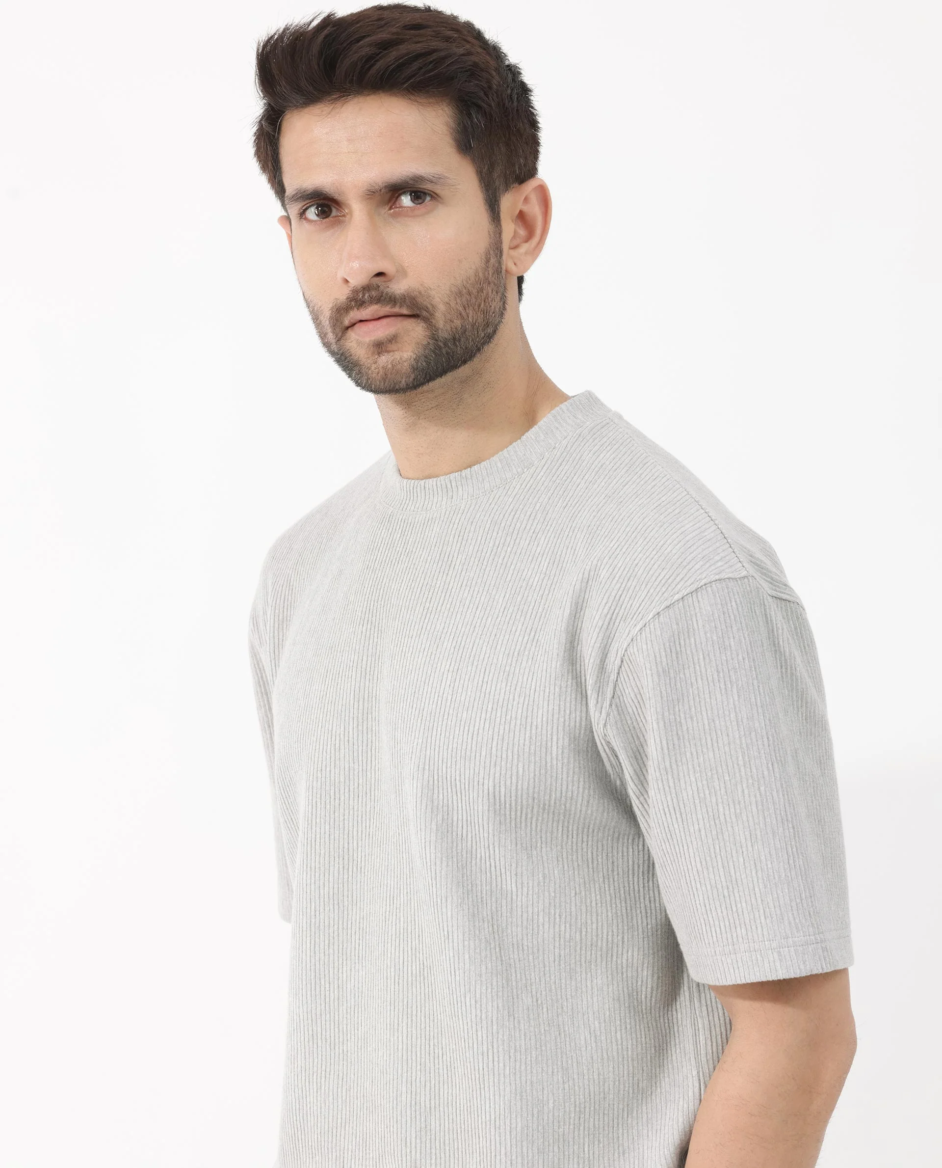Rare Rabbit Men's Breet Melange Grey Cotton Textured Oversized Fit Half Sleeve Crew Neck T-Shirt - Image 4