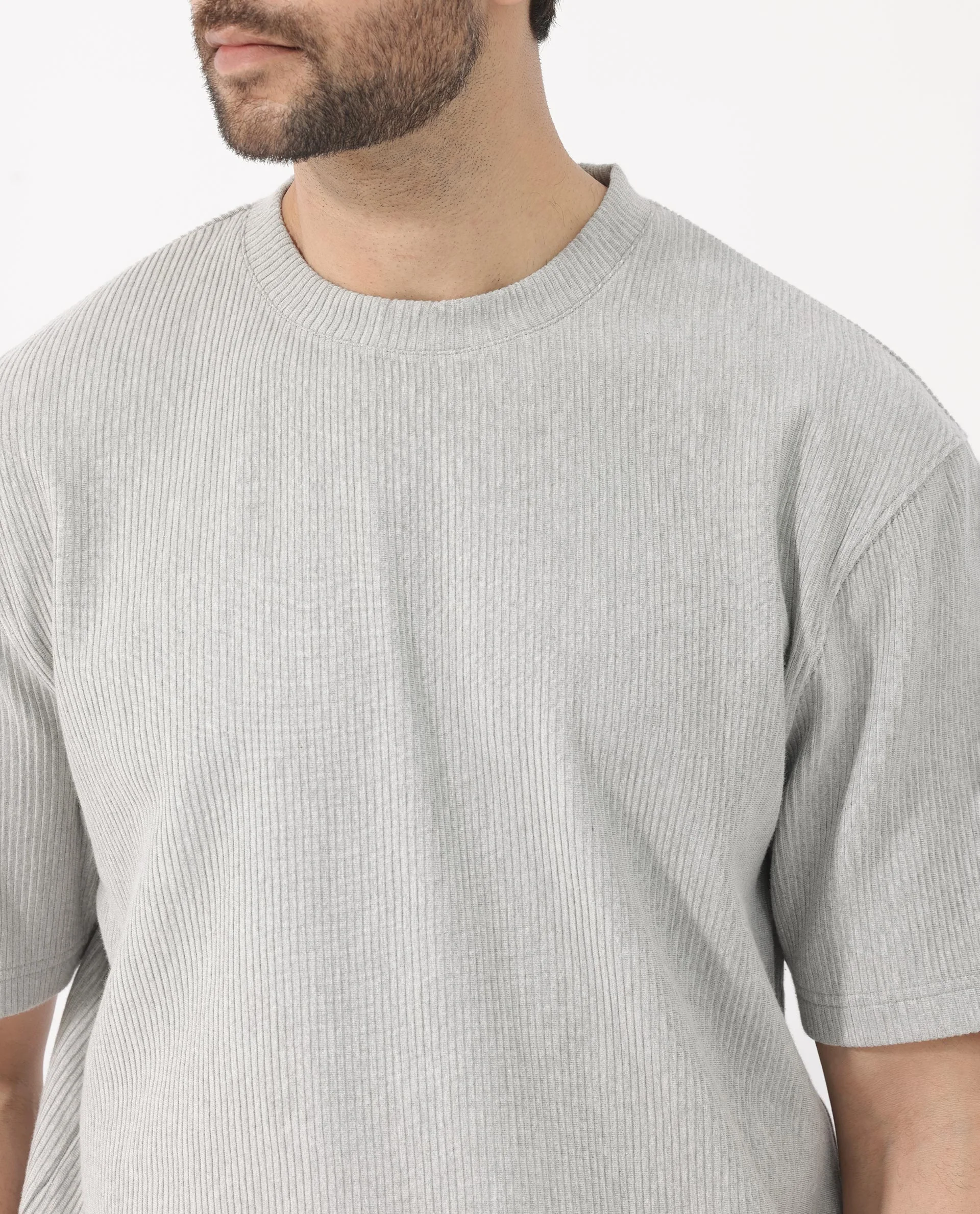 Rare Rabbit Men's Breet Melange Grey Cotton Textured Oversized Fit Half Sleeve Crew Neck T-Shirt - Image 5