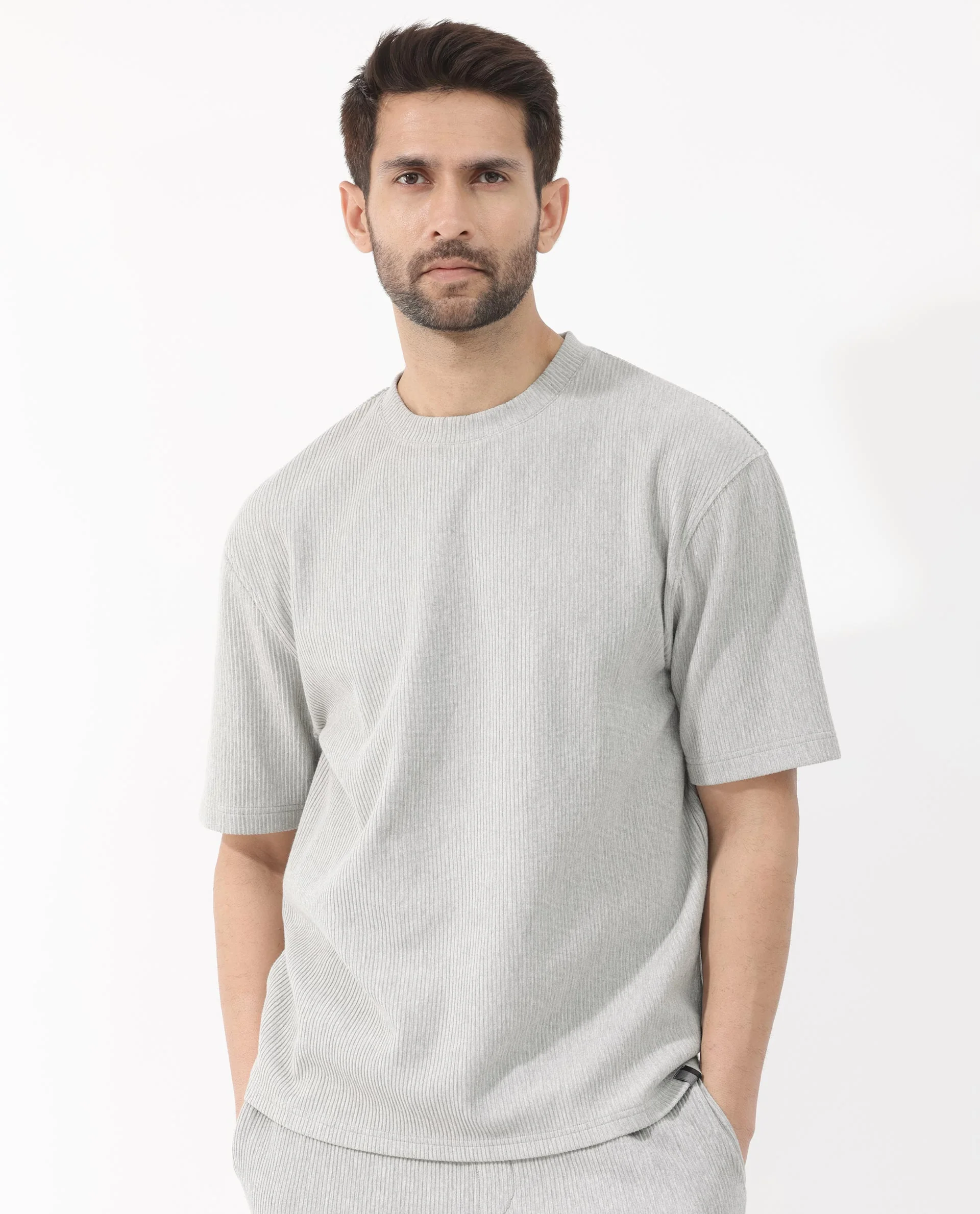 Rare Rabbit Men's Breet Melange Grey Cotton Textured Oversized Fit Half Sleeve Crew Neck T-Shirt - Image 6
