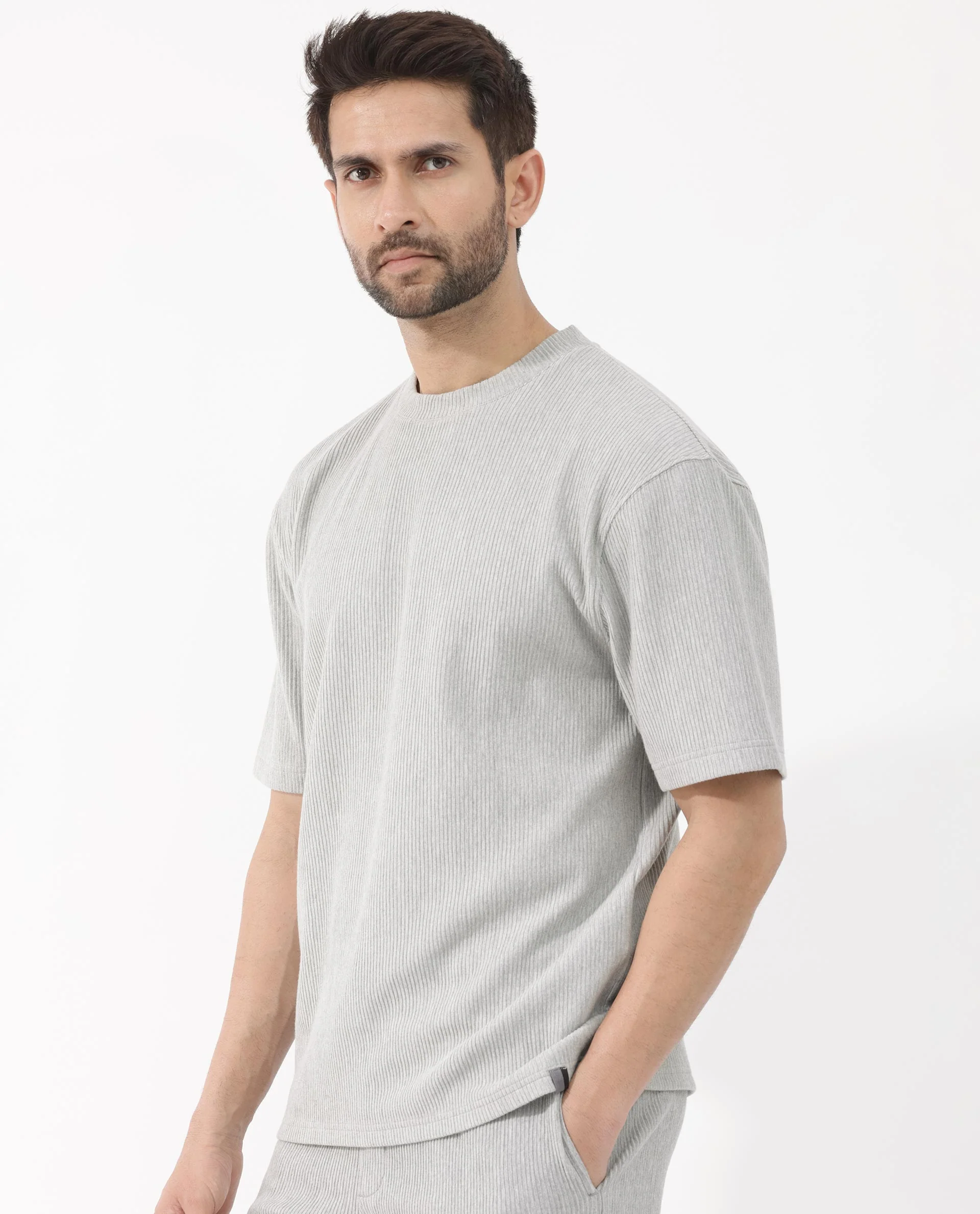 Rare Rabbit Men's Breet Melange Grey Cotton Textured Oversized Fit Half Sleeve Crew Neck T-Shirt - Image 7