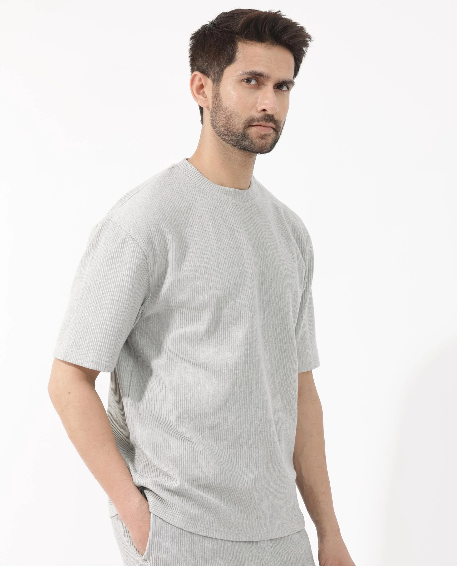 Rare Rabbit Men's Breet Melange Grey Cotton Textured Oversized Fit Half Sleeve Crew Neck T-Shirt - Image 8