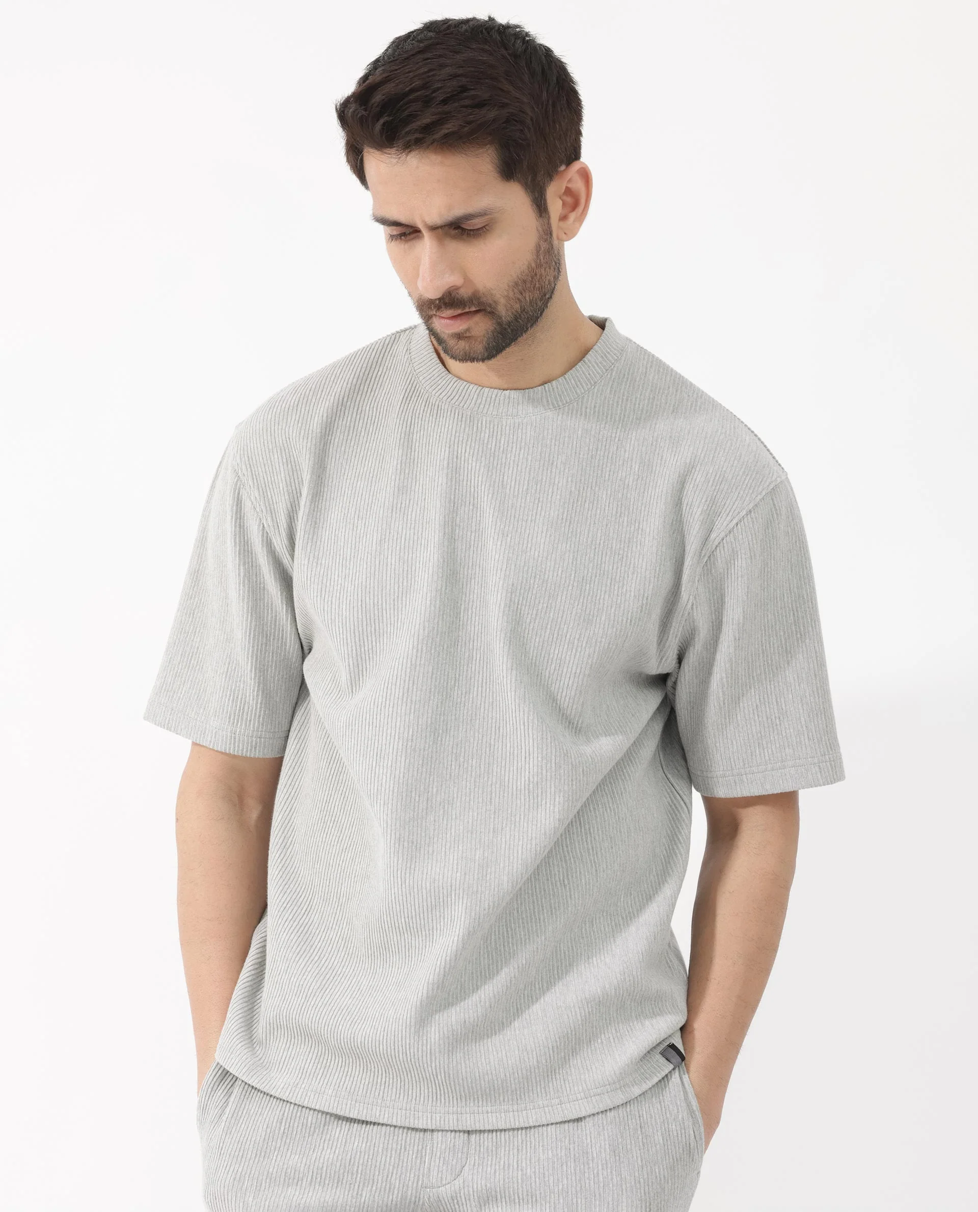 Rare Rabbit Men's Breet Melange Grey Cotton Textured Oversized Fit Half Sleeve Crew Neck T-Shirt - Image 9