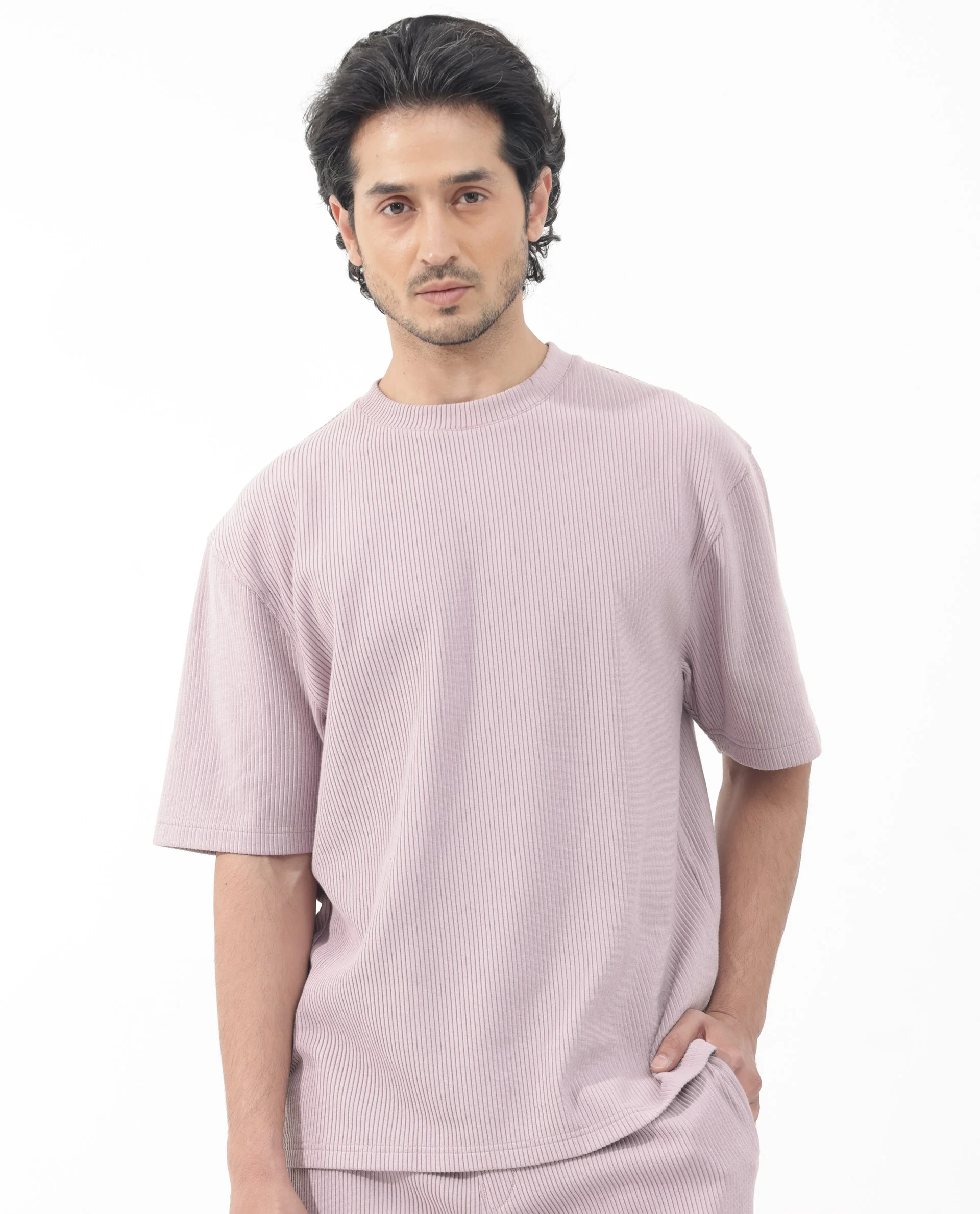 Rare Rabbit Men's Breet Dusky Purple Cotton Textured Oversized Fit Half Sleeve Crew Neck T-Shirt - Image 3
