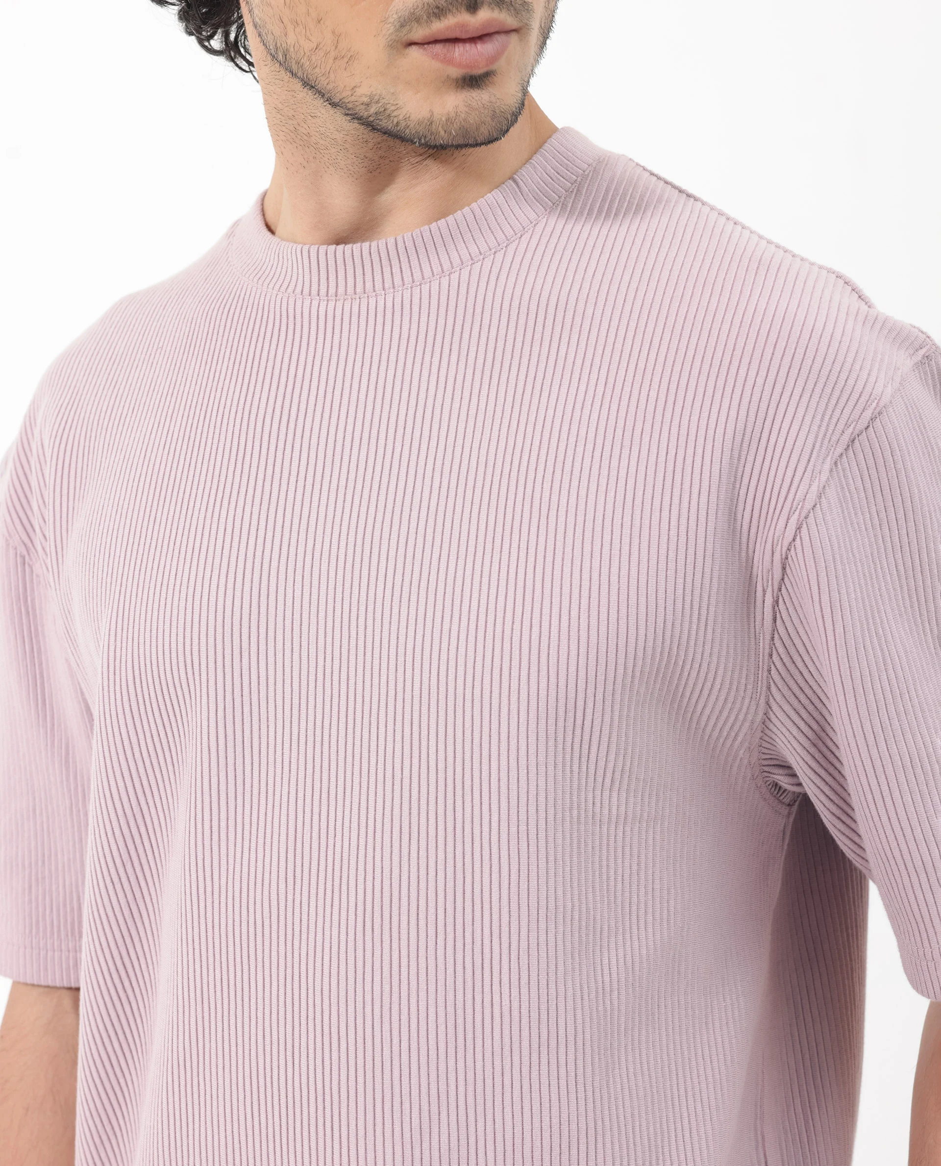 Rare Rabbit Men's Breet Dusky Purple Cotton Textured Oversized Fit Half Sleeve Crew Neck T-Shirt - Image 5