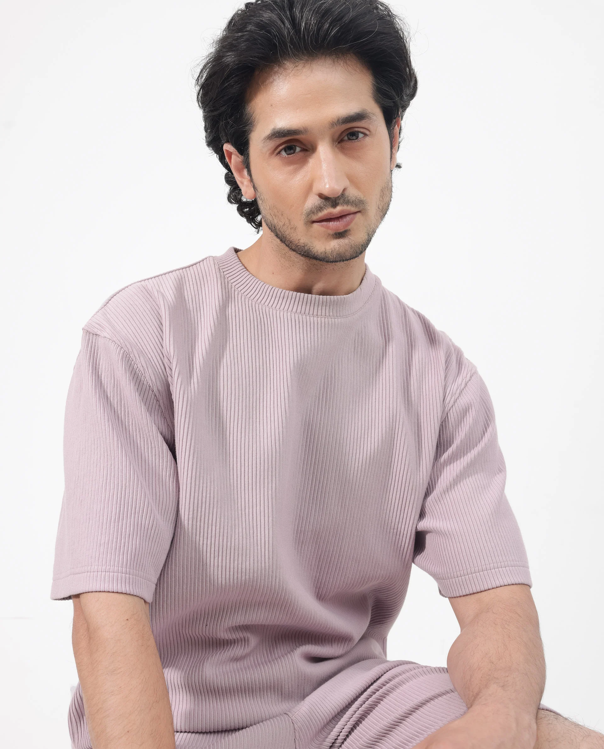 Rare Rabbit Men's Breet Dusky Purple Cotton Textured Oversized Fit Half Sleeve Crew Neck T-Shirt - Image 6
