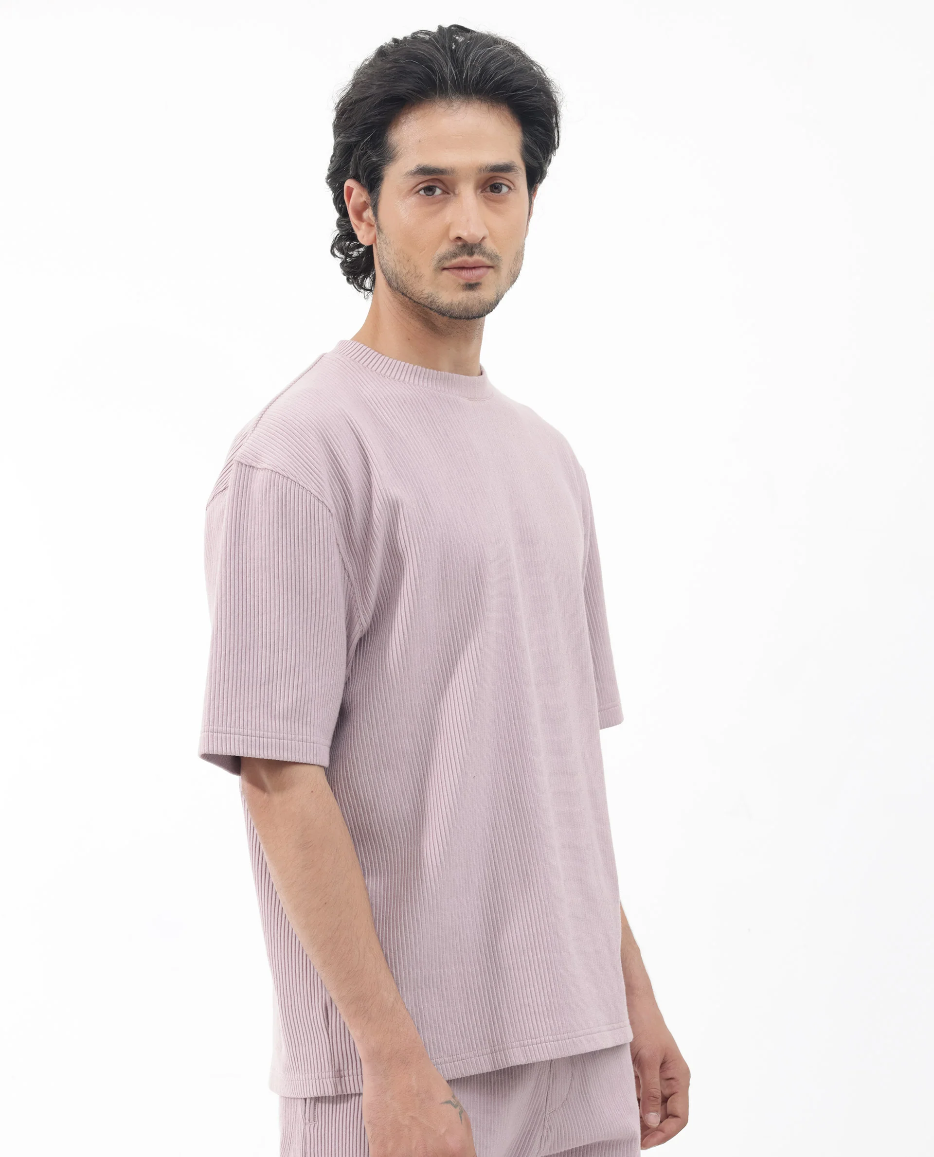 Rare Rabbit Men's Breet Dusky Purple Cotton Textured Oversized Fit Half Sleeve Crew Neck T-Shirt - Image 8