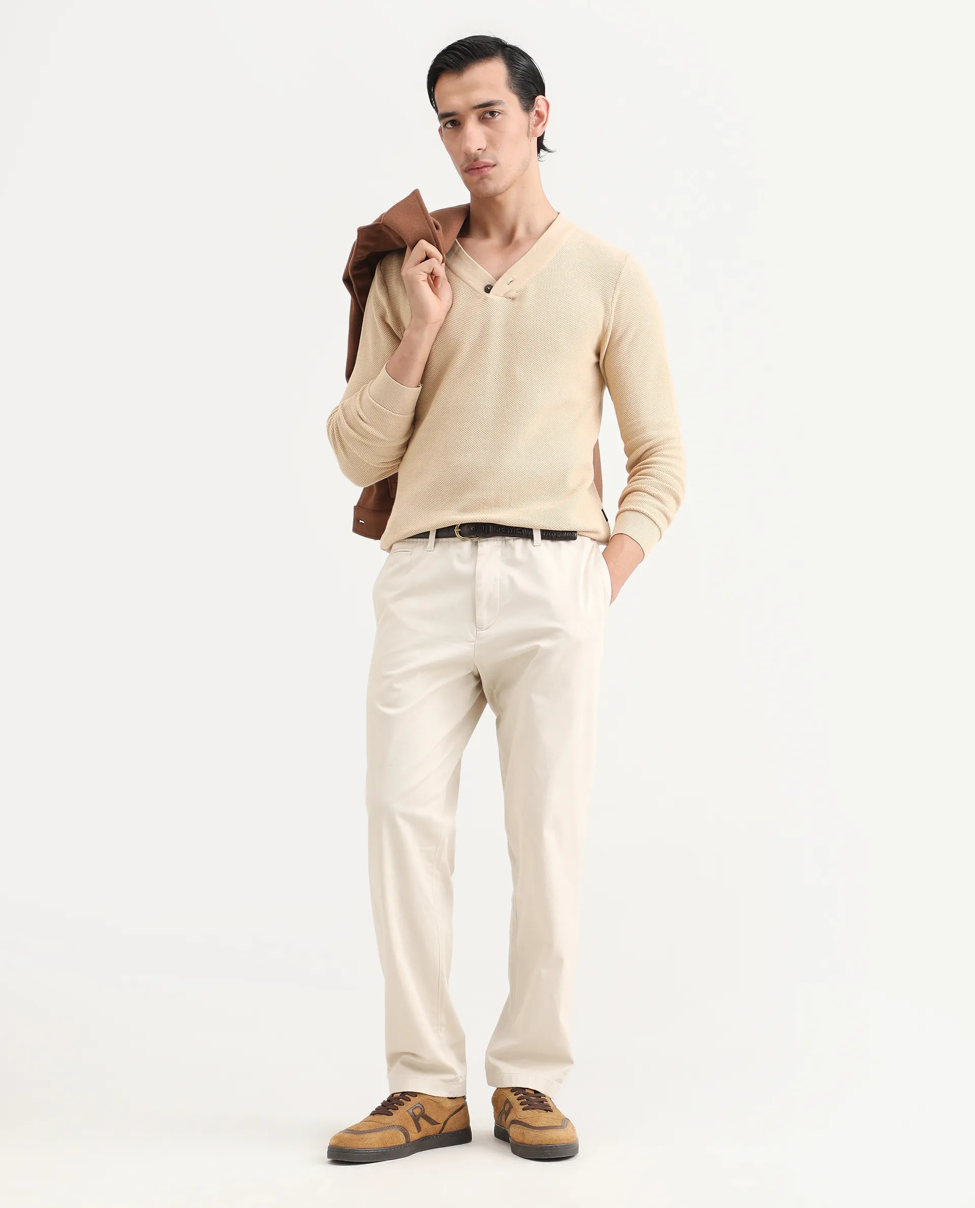 Rare Rabbit Men's Breeze Beige Cotton Plain Regular Fit Full Sleeve V-Neck Sweater - Image 2