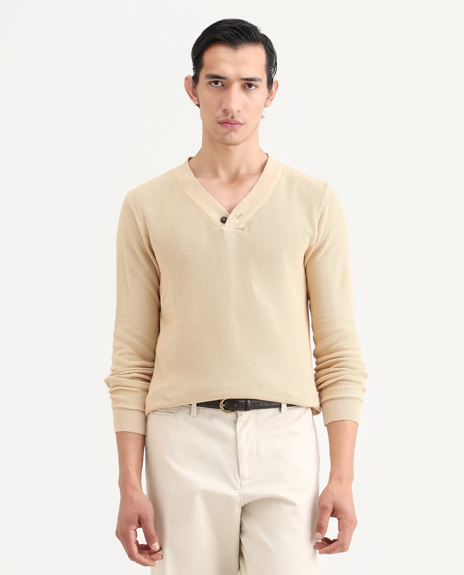 Rare Rabbit Men's Breeze Beige Cotton Plain Regular Fit Full Sleeve V-Neck Sweater - Image 3