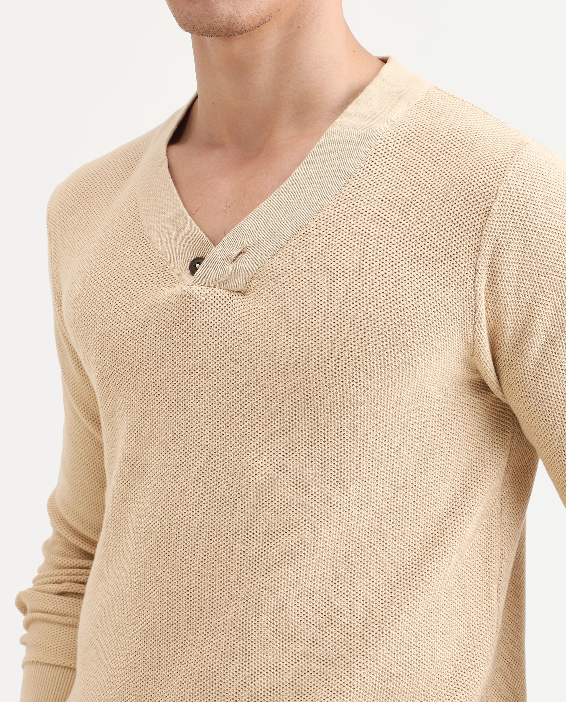 Rare Rabbit Men's Breeze Beige Cotton Plain Regular Fit Full Sleeve V-Neck Sweater - Image 4