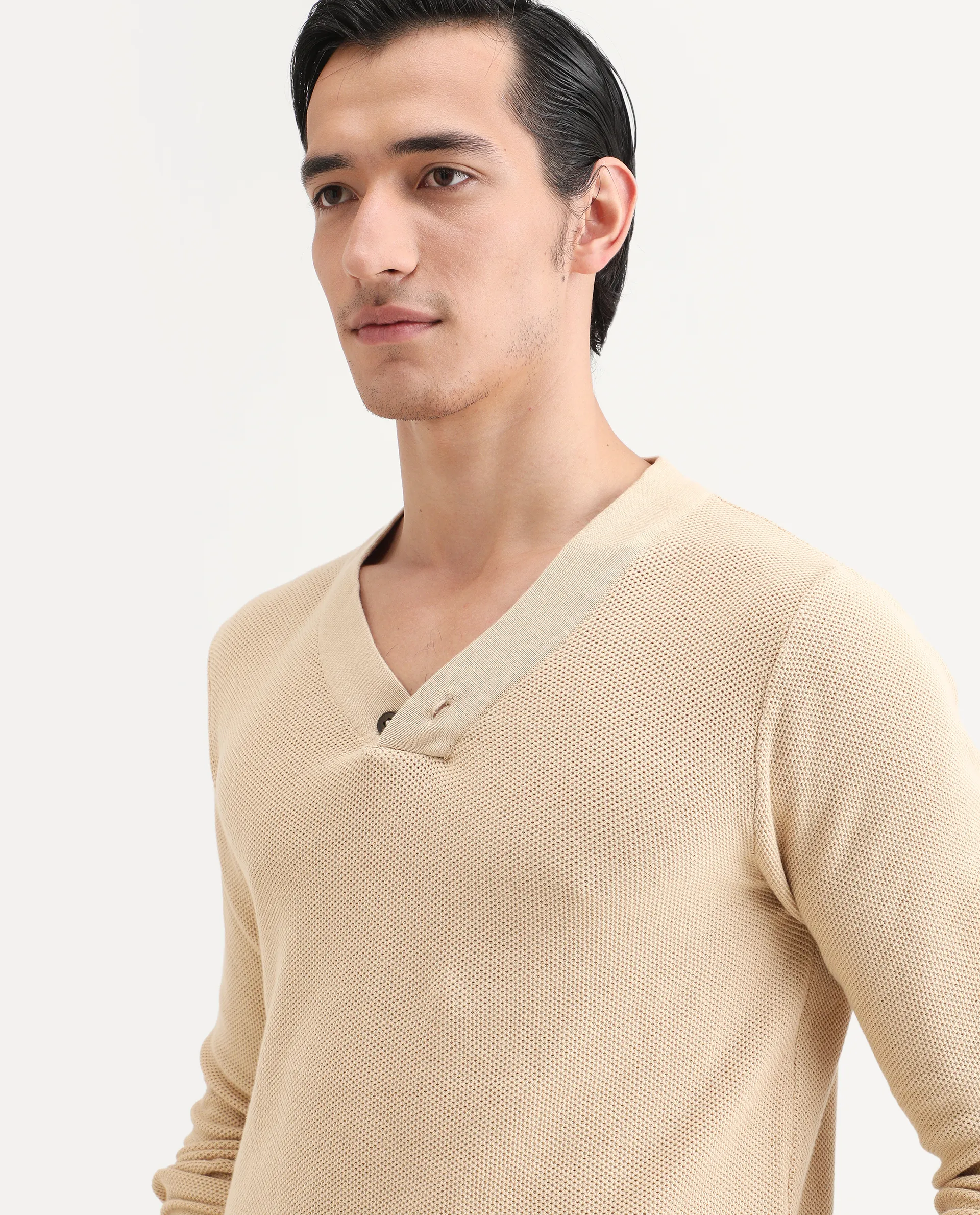 Rare Rabbit Men's Breeze Beige Cotton Plain Regular Fit Full Sleeve V-Neck Sweater - Image 5