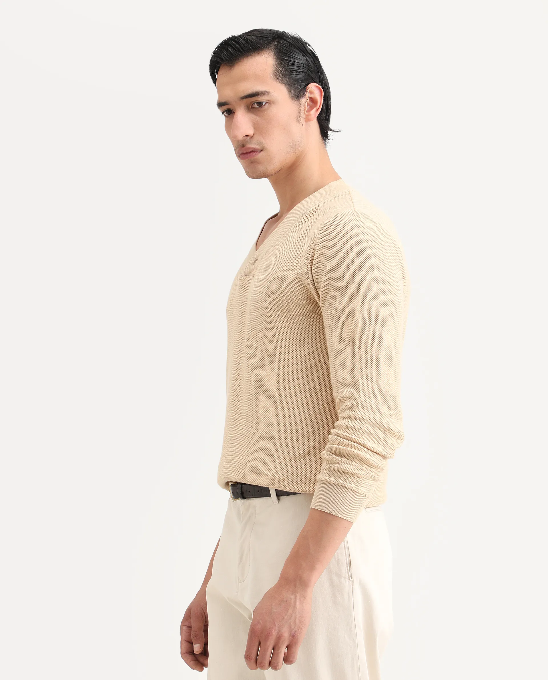 Rare Rabbit Men's Breeze Beige Cotton Plain Regular Fit Full Sleeve V-Neck Sweater - Image 6