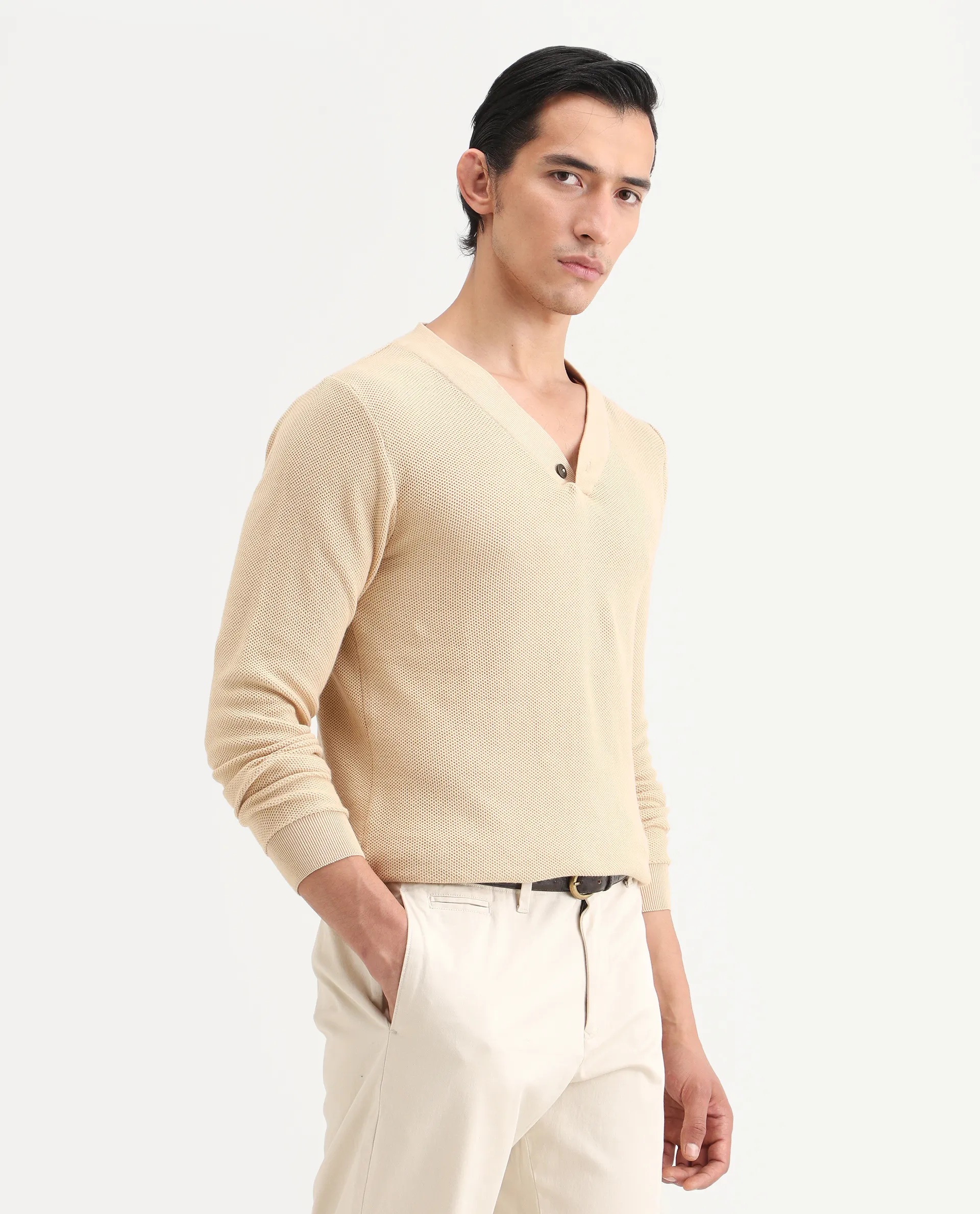 Rare Rabbit Men's Breeze Beige Cotton Plain Regular Fit Full Sleeve V-Neck Sweater - Image 7