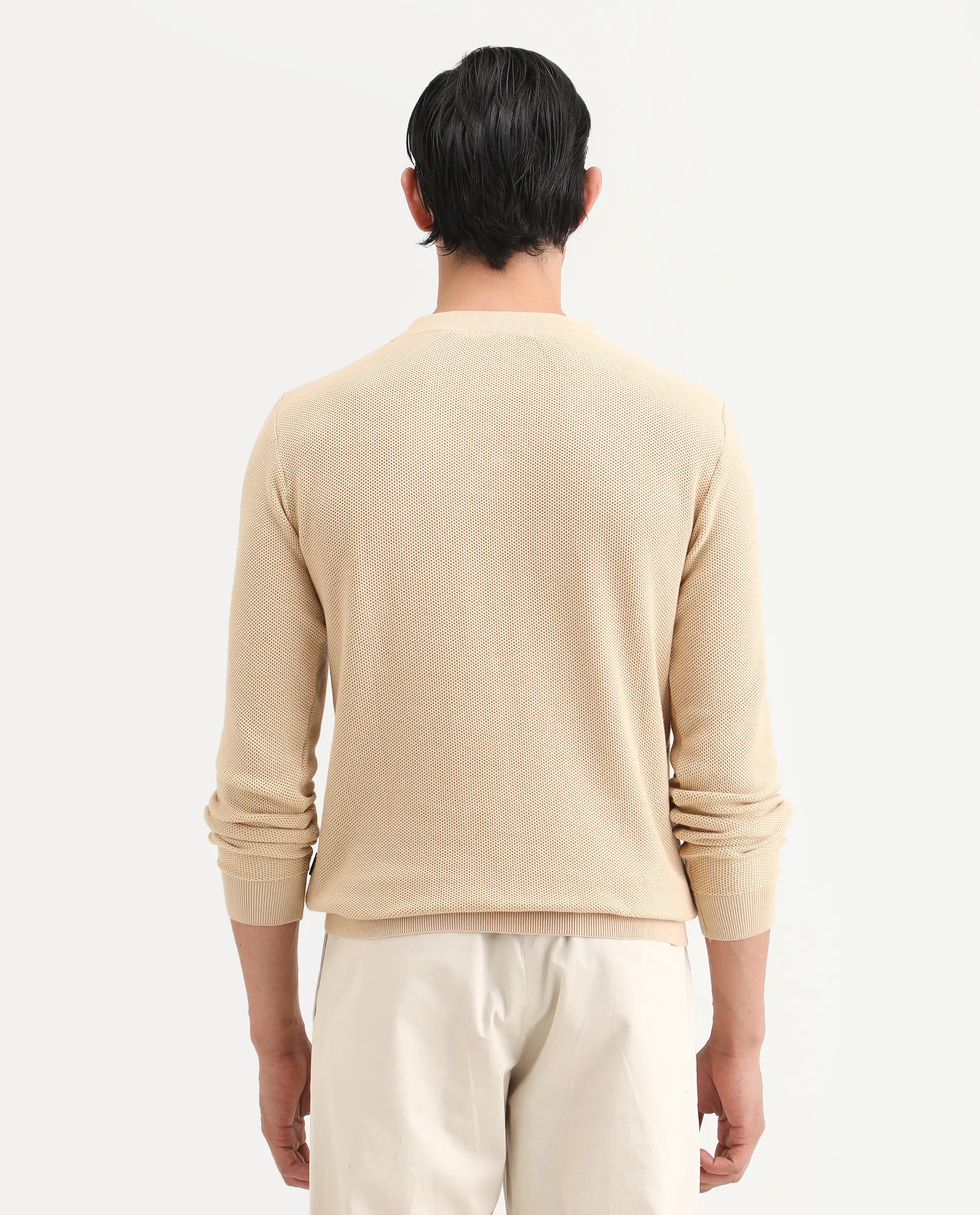 Rare Rabbit Men's Breeze Beige Cotton Plain Regular Fit Full Sleeve V-Neck Sweater - Image 8