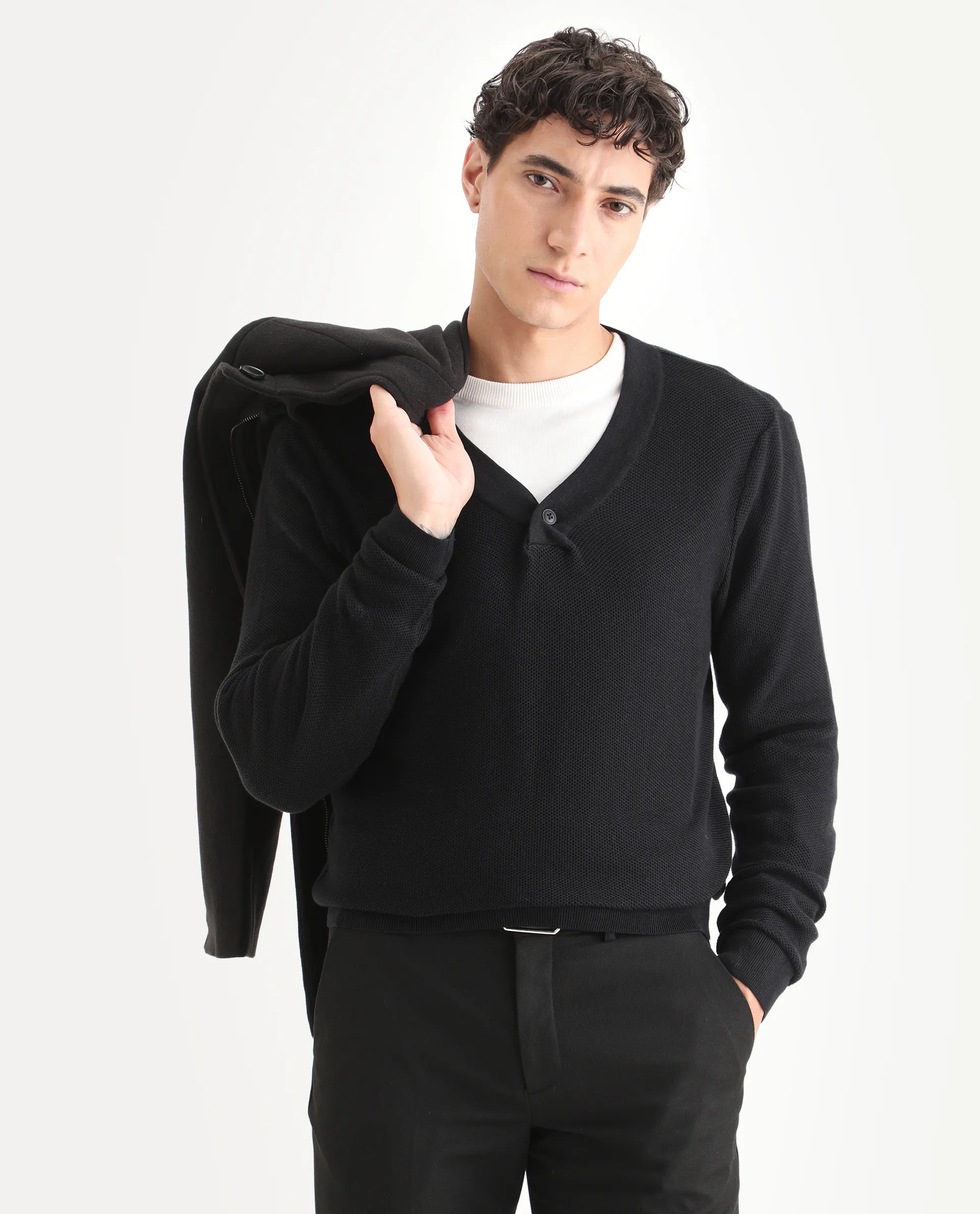 Rare Rabbit Men's Breeze Black Cotton Plain Regular Fit Full Sleeve V-Neck Sweater