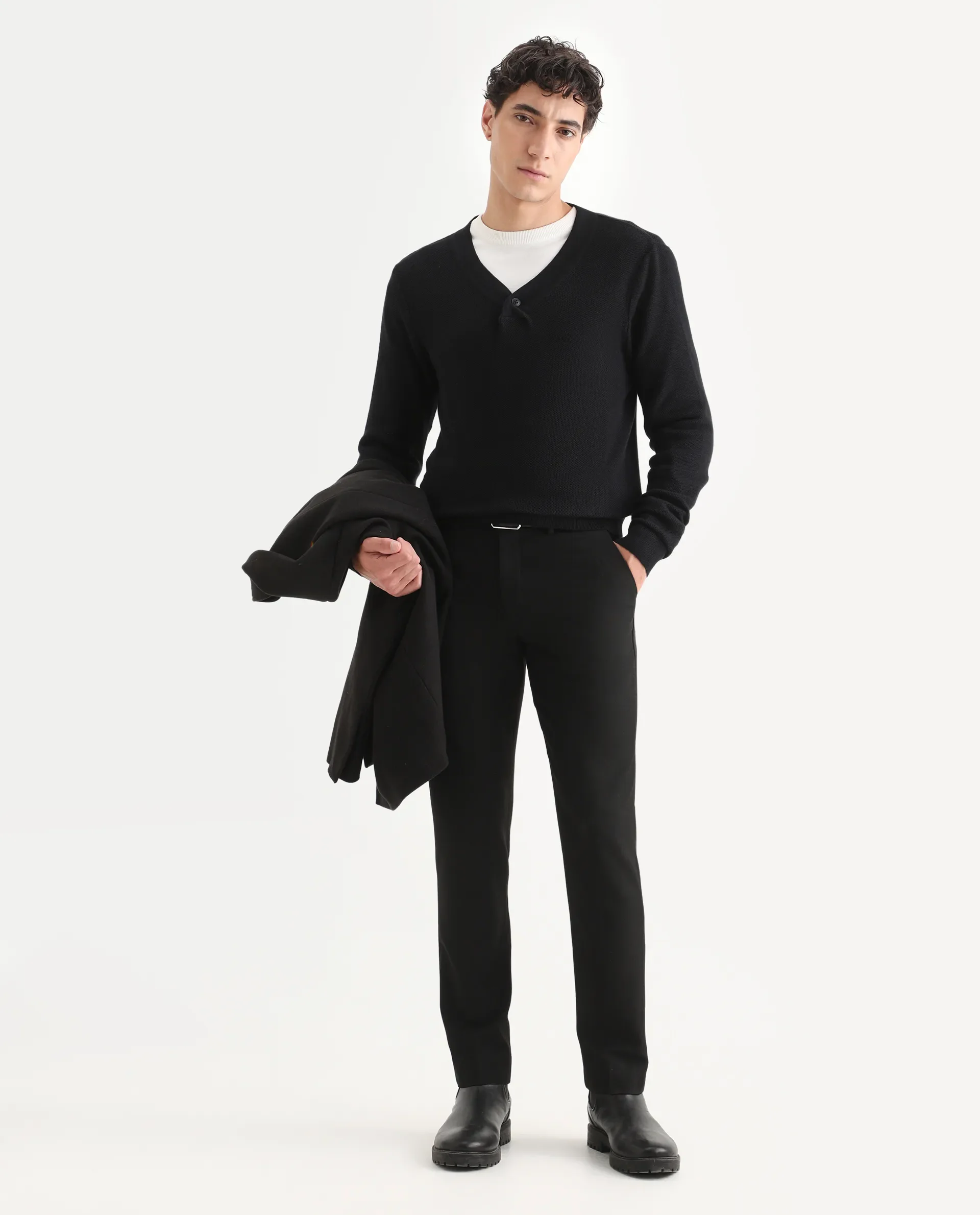 Rare Rabbit Men's Breeze Black Cotton Plain Regular Fit Full Sleeve V-Neck Sweater - Image 2
