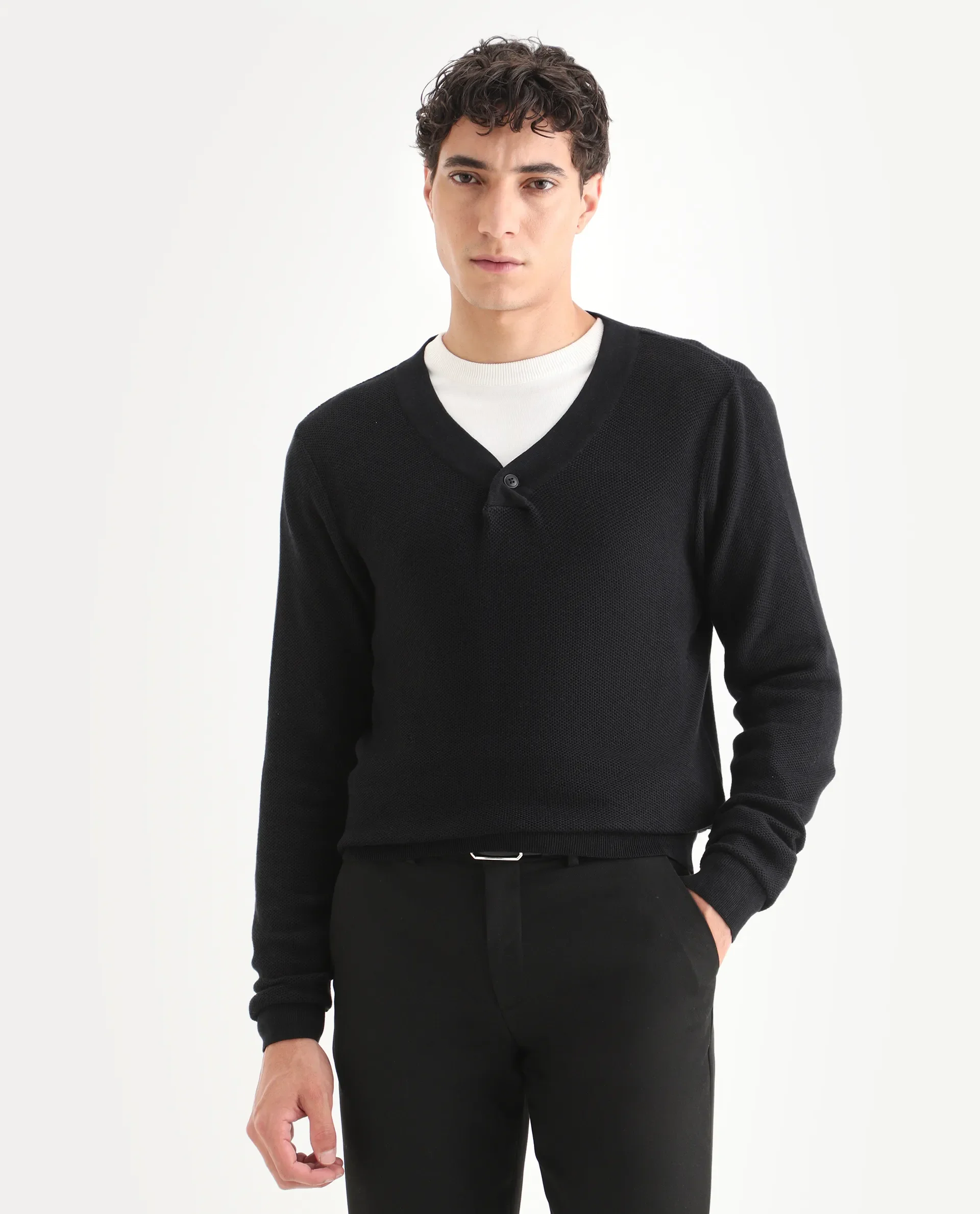 Rare Rabbit Men's Breeze Black Cotton Plain Regular Fit Full Sleeve V-Neck Sweater - Image 4