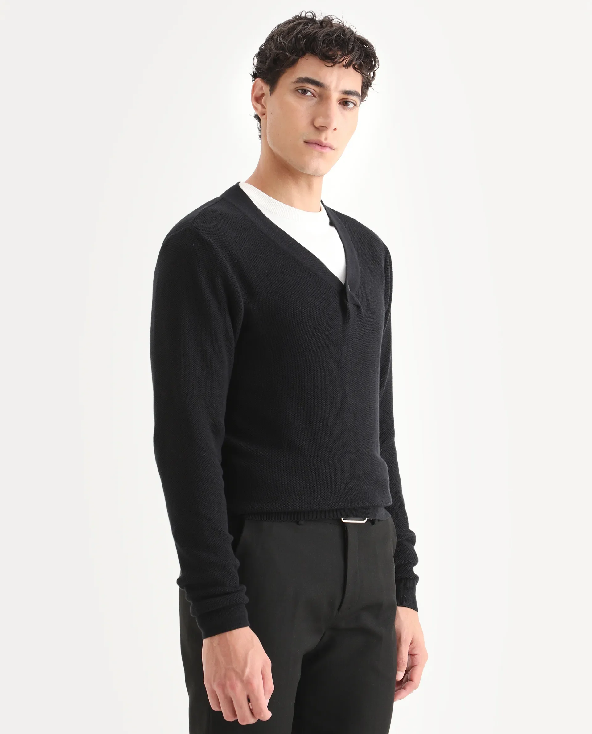 Rare Rabbit Men's Breeze Black Cotton Plain Regular Fit Full Sleeve V-Neck Sweater - Image 5