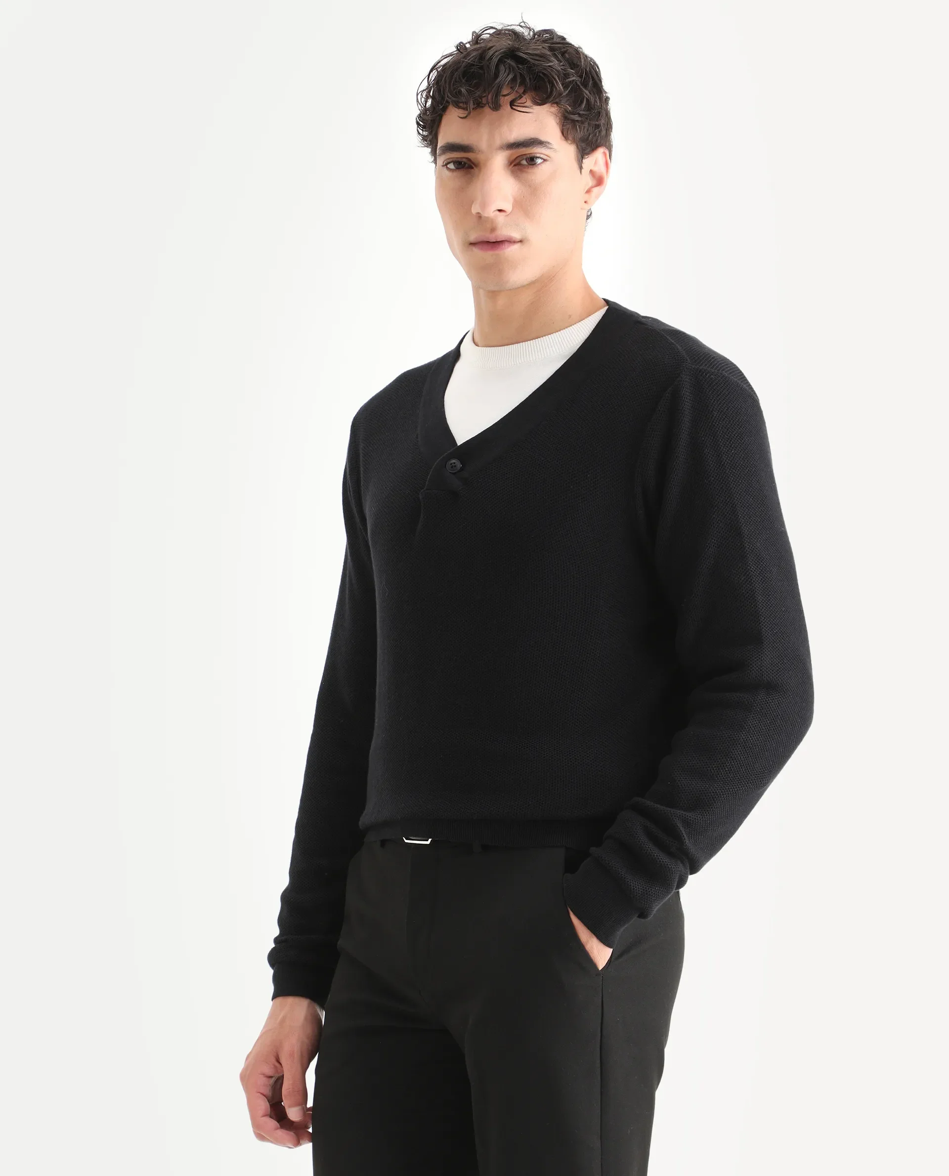 Rare Rabbit Men's Breeze Black Cotton Plain Regular Fit Full Sleeve V-Neck Sweater - Image 6