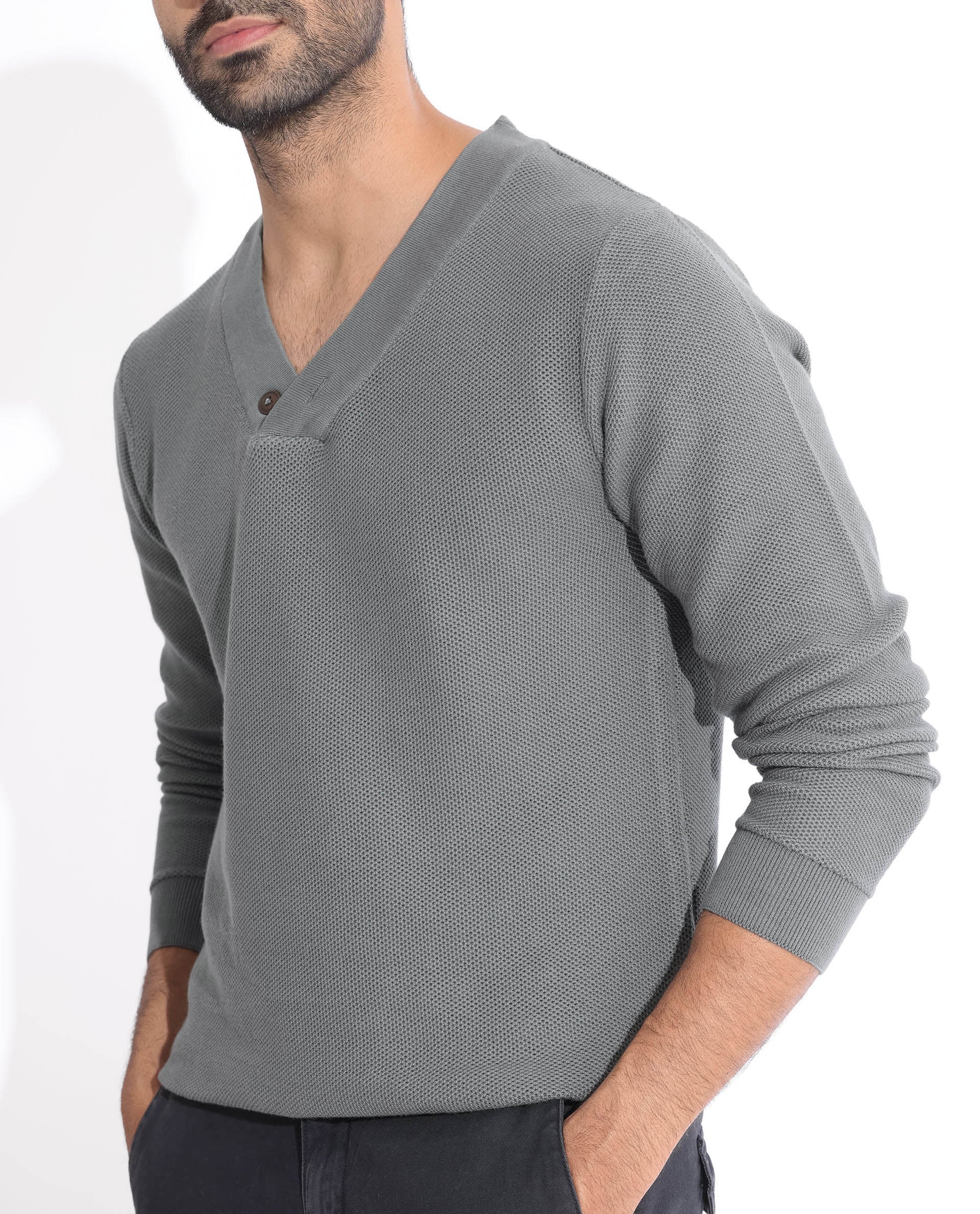 Rare Rabbit Men's Breeze Green Cotton Plain Regular Fit Full Sleeve V-Neck Sweater - Image 3