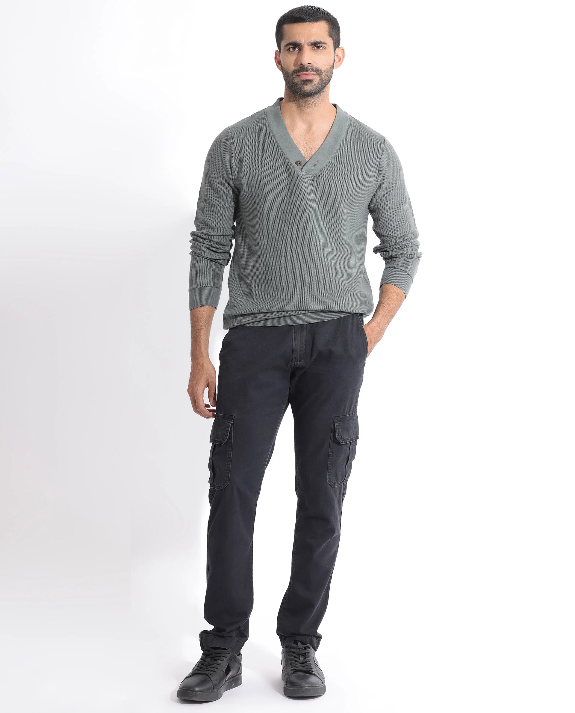Rare Rabbit Men's Breeze Green Cotton Plain Regular Fit Full Sleeve V-Neck Sweater - Image 5