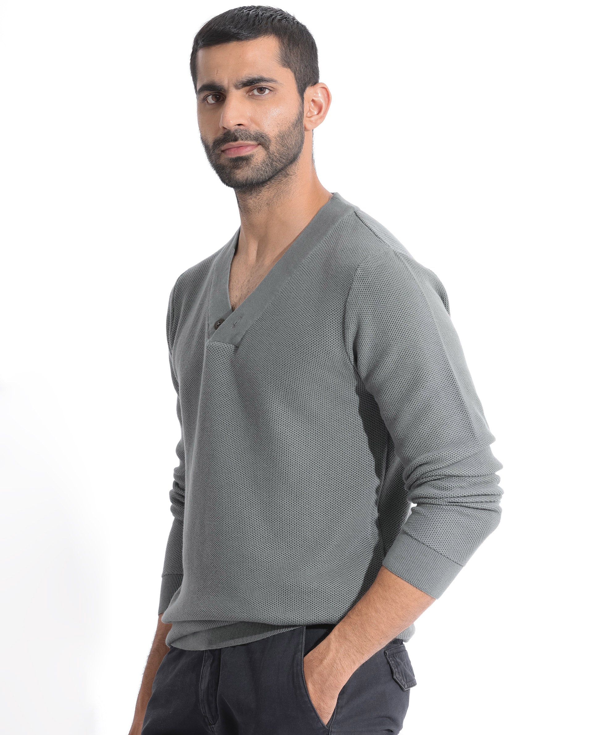 Rare Rabbit Men's Breeze Green Cotton Plain Regular Fit Full Sleeve V-Neck Sweater - Image 6
