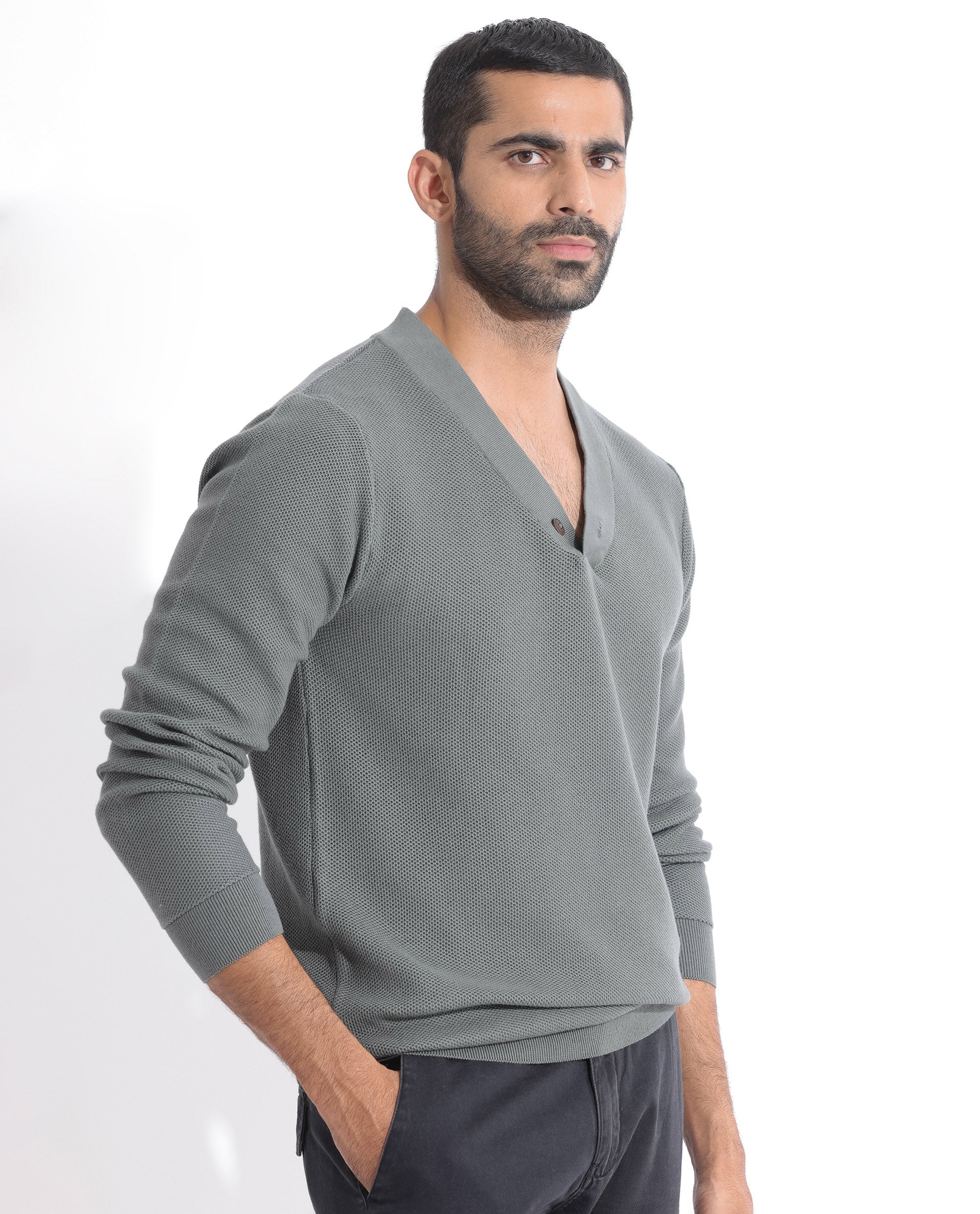 Rare Rabbit Men's Breeze Green Cotton Plain Regular Fit Full Sleeve V-Neck Sweater - Image 7