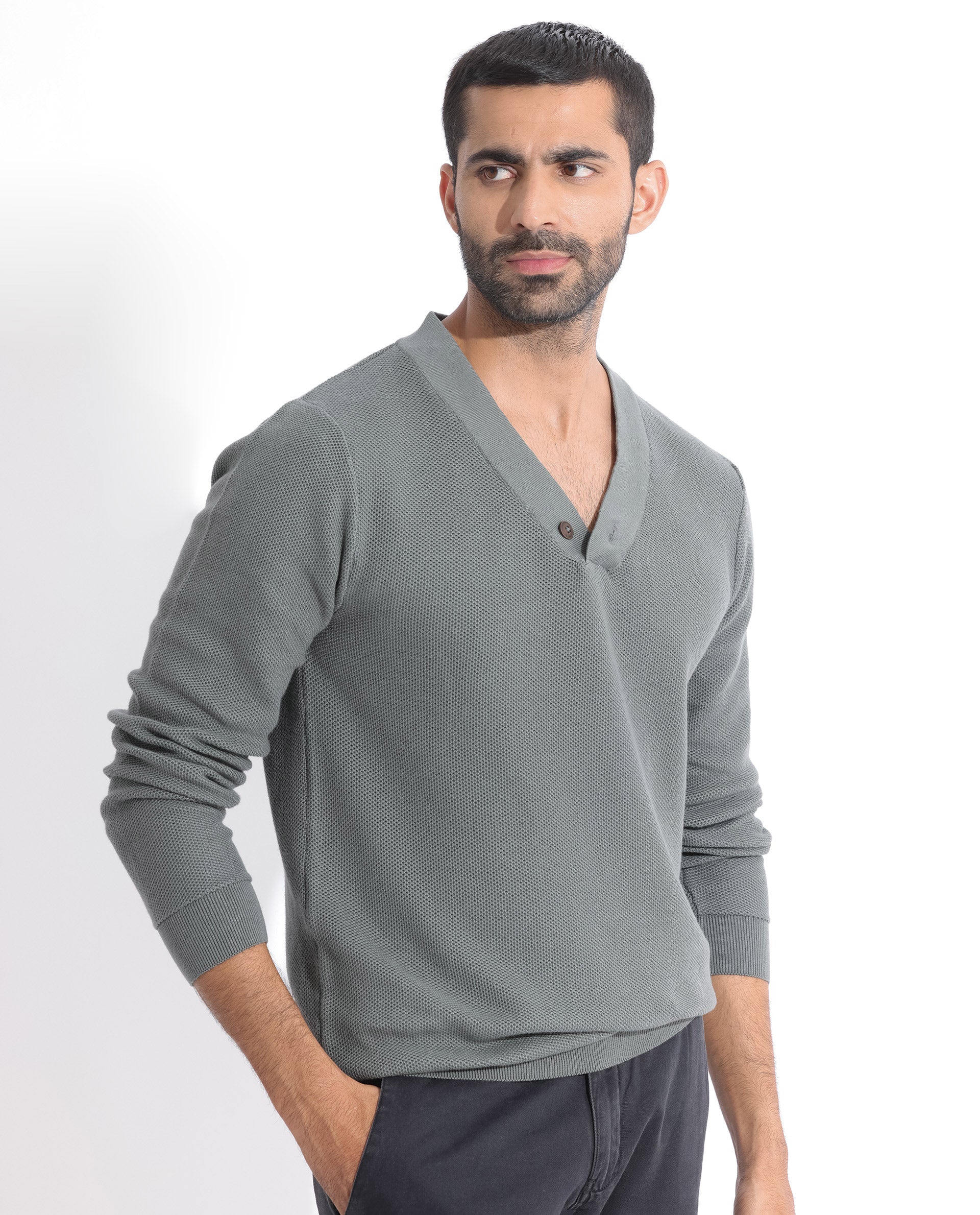 Rare Rabbit Men's Breeze Green Cotton Plain Regular Fit Full Sleeve V-Neck Sweater - Image 8