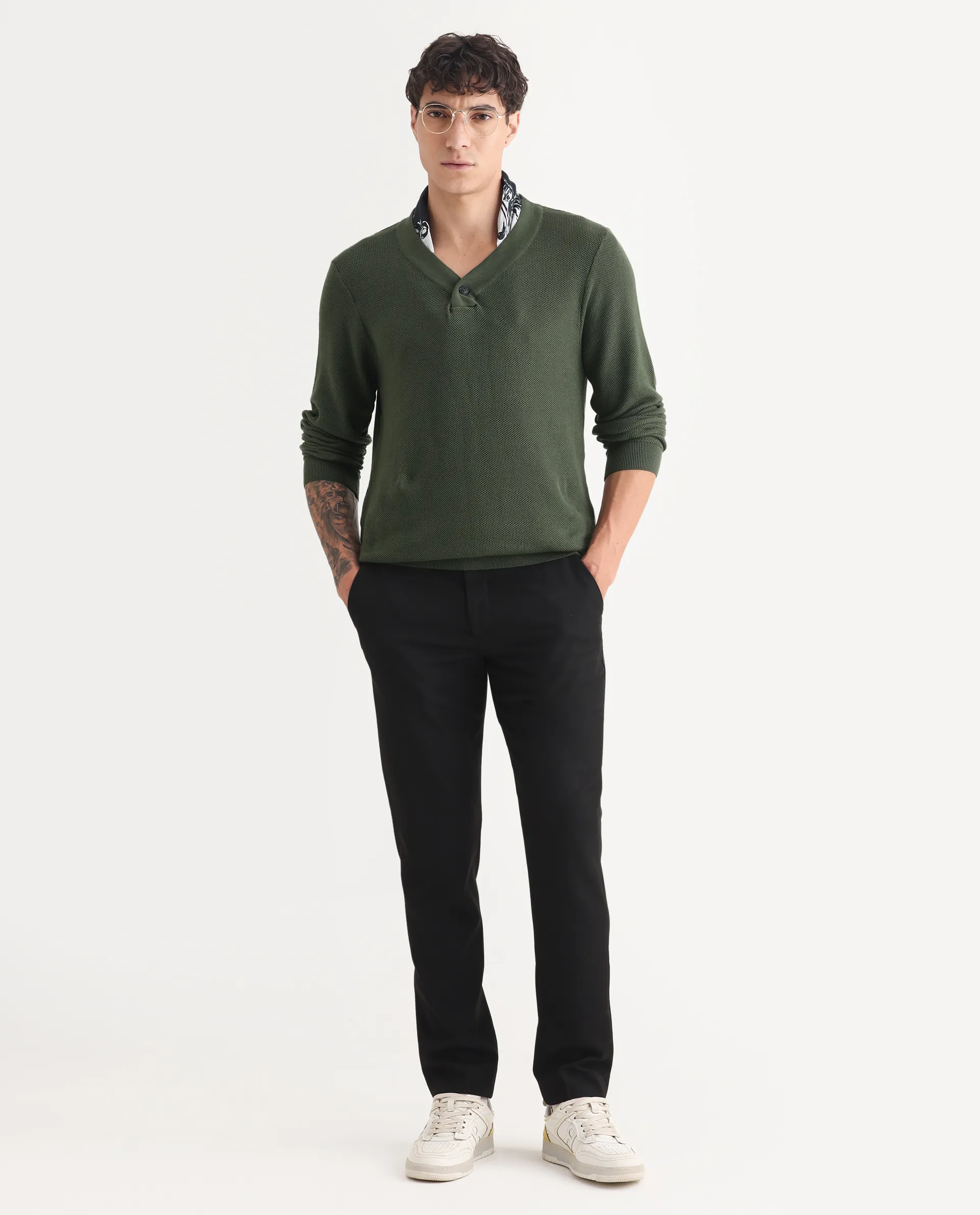 Rare Rabbit Men's Breeze Olive Cotton Plain Regular Fit Full Sleeve V-Neck Sweater - Image 2